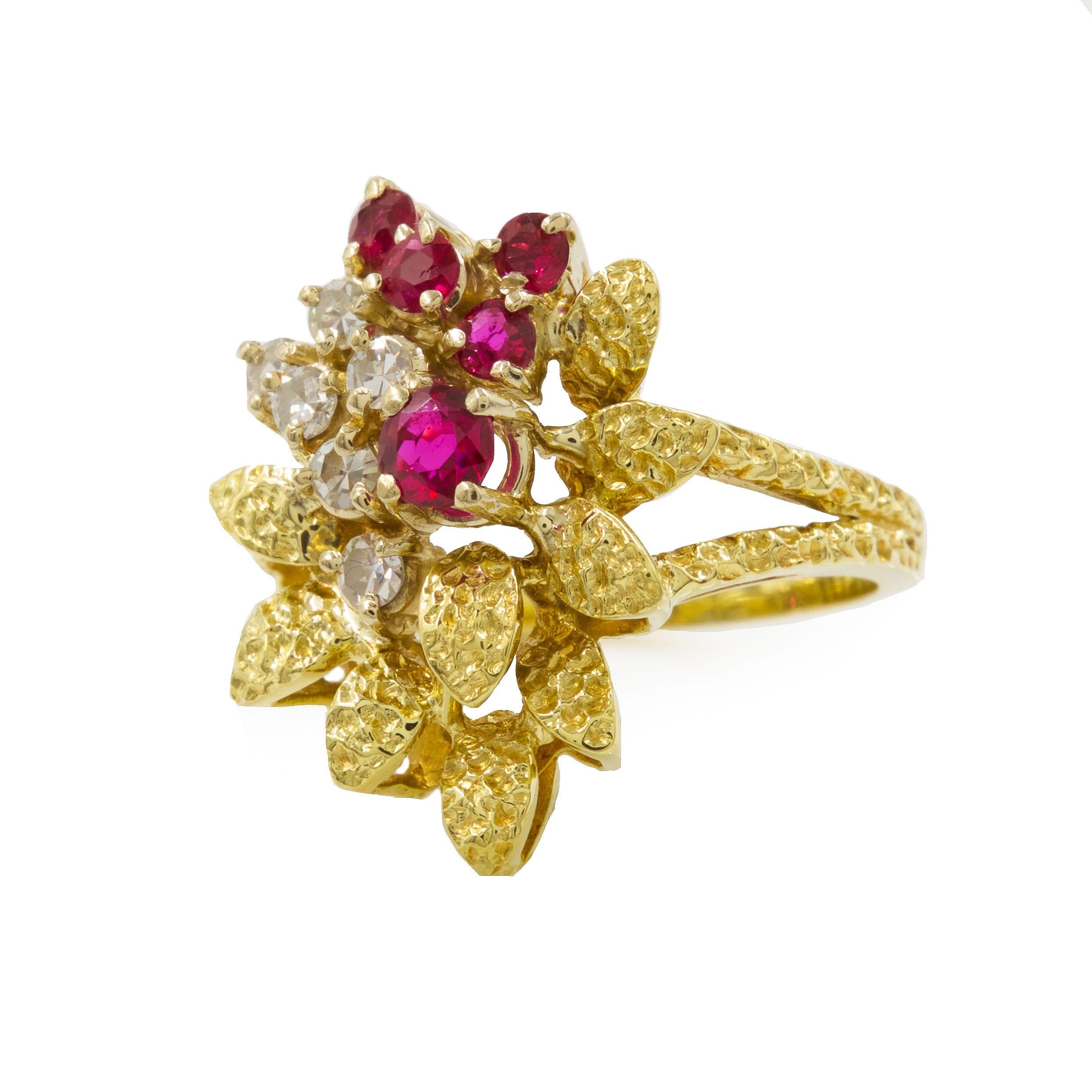 VINTAGE 14K YELLOW GOLD, RUBY AND DIAMOND COCKTAIL RING
With 5 rubies and 6 diamonds
Item # 109WJF22P

An elegant eye-catching cocktail ring with a playful composition, it features a wonderful splay of leaves with a chaotic textured surface