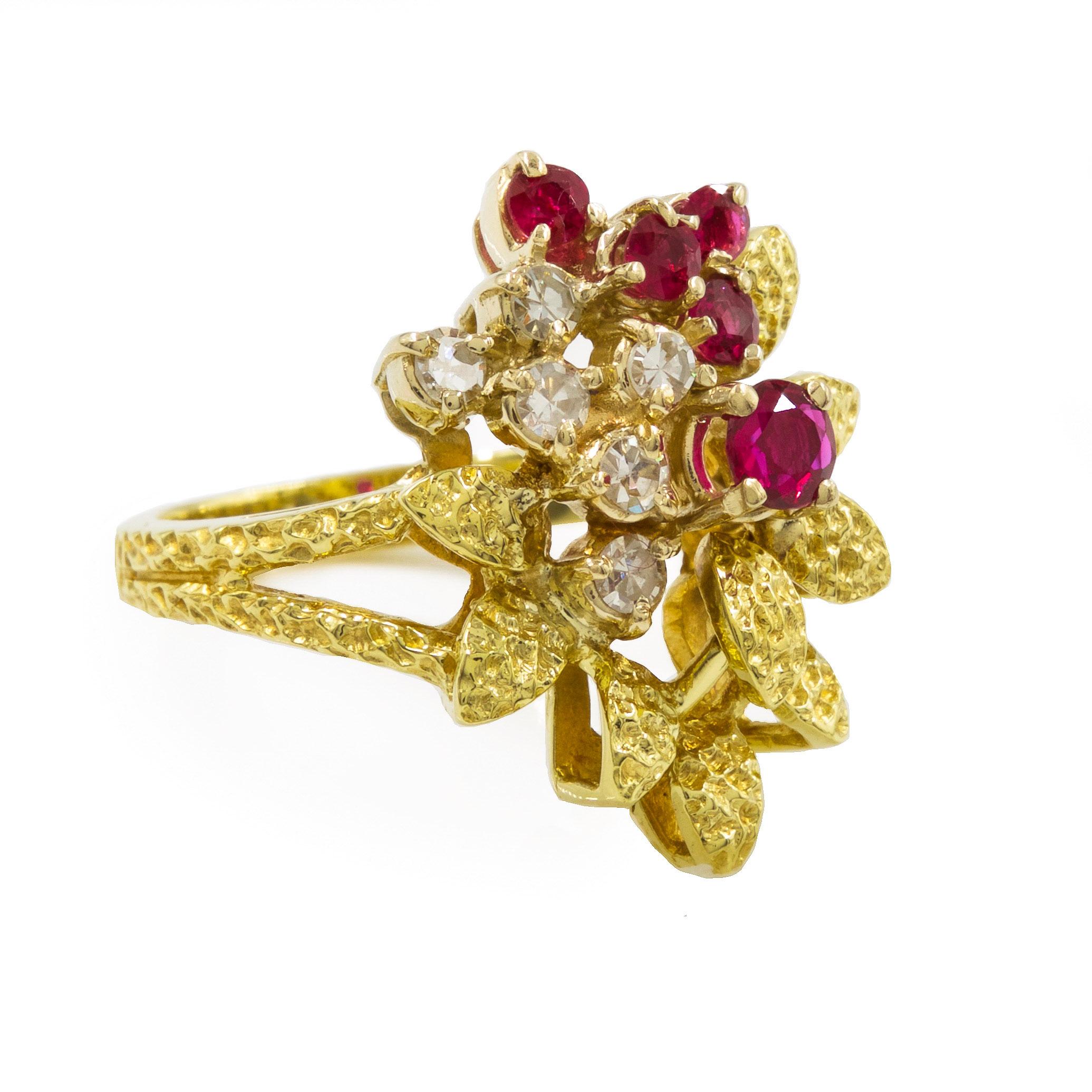 Mid-Century Modern Vintage 14k Yellow Gold, Ruby and Diamond Cocktail Ring For Sale
