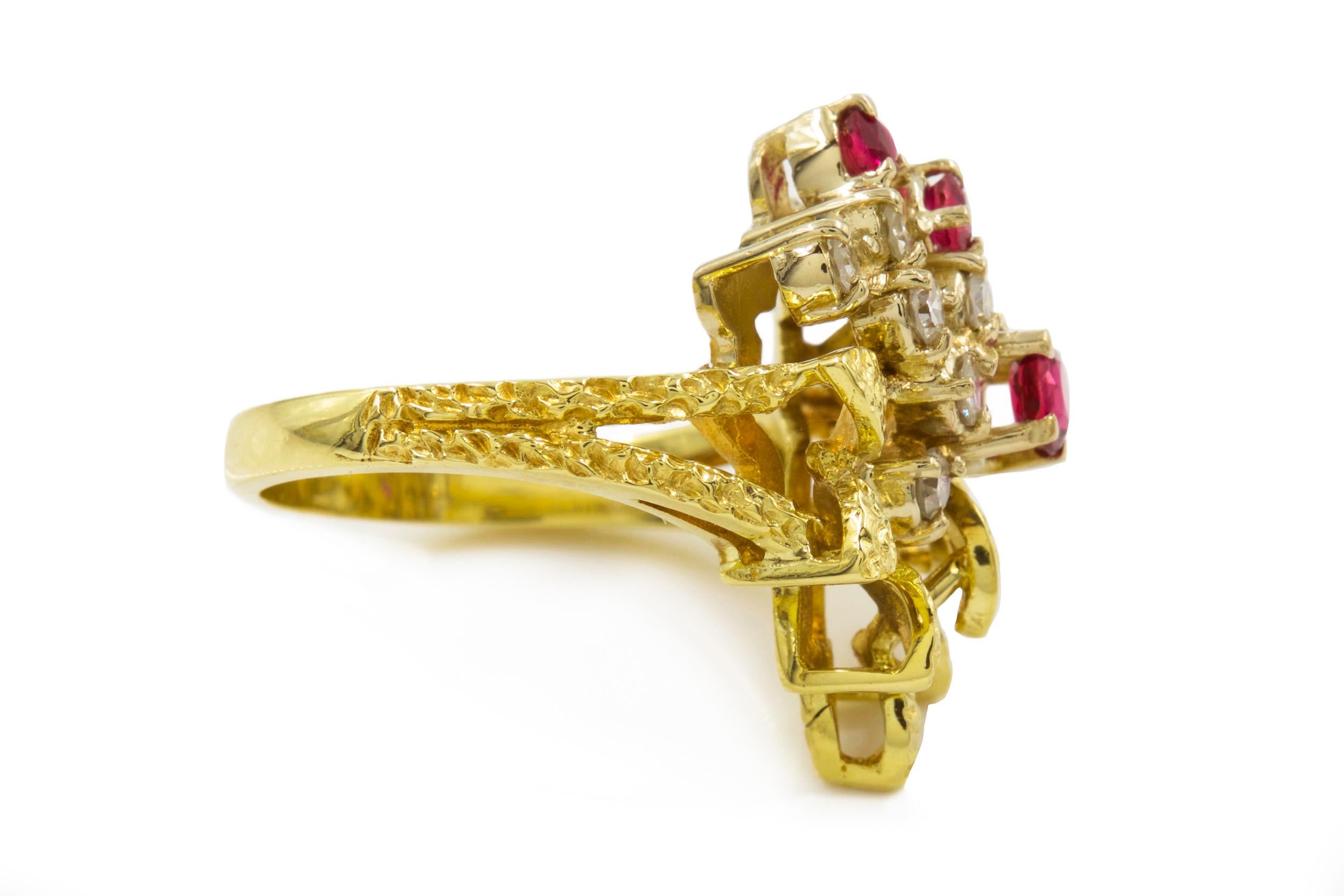 Vintage 14k Yellow Gold, Ruby and Diamond Cocktail Ring For Sale 1