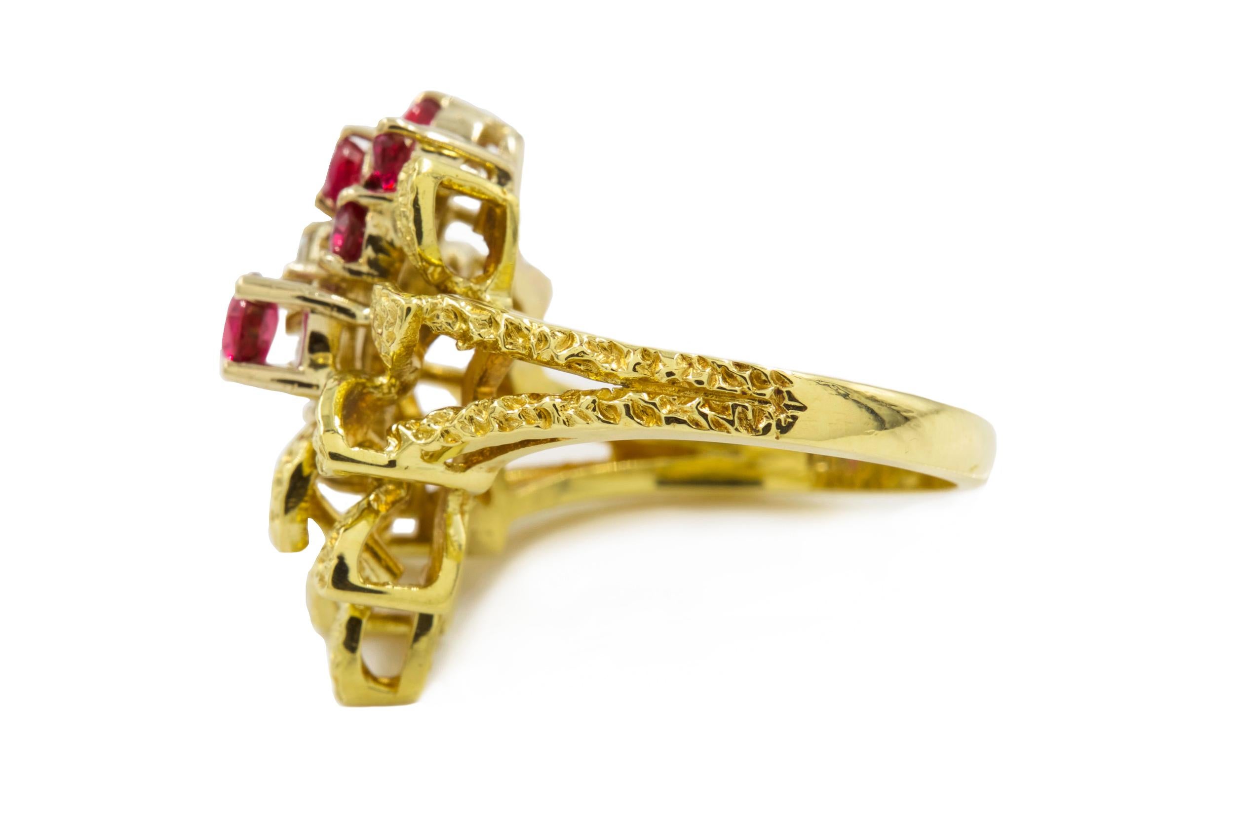 Vintage 14k Yellow Gold, Ruby and Diamond Cocktail Ring For Sale 2