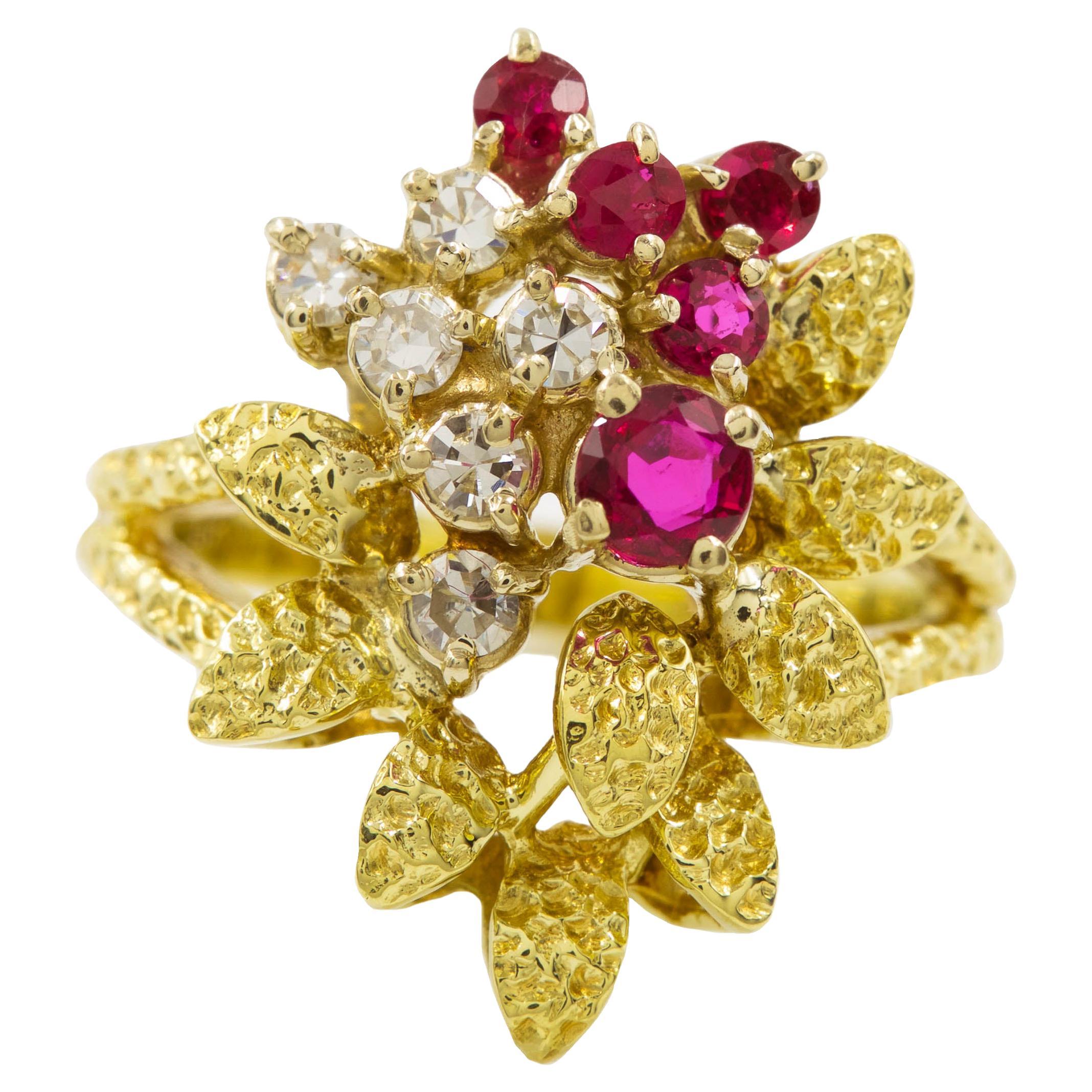 Vintage 14k Yellow Gold, Ruby and Diamond Cocktail Ring For Sale