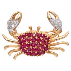 Vintage 14k Yellow Gold Ruby and Diamond Crab Brooch