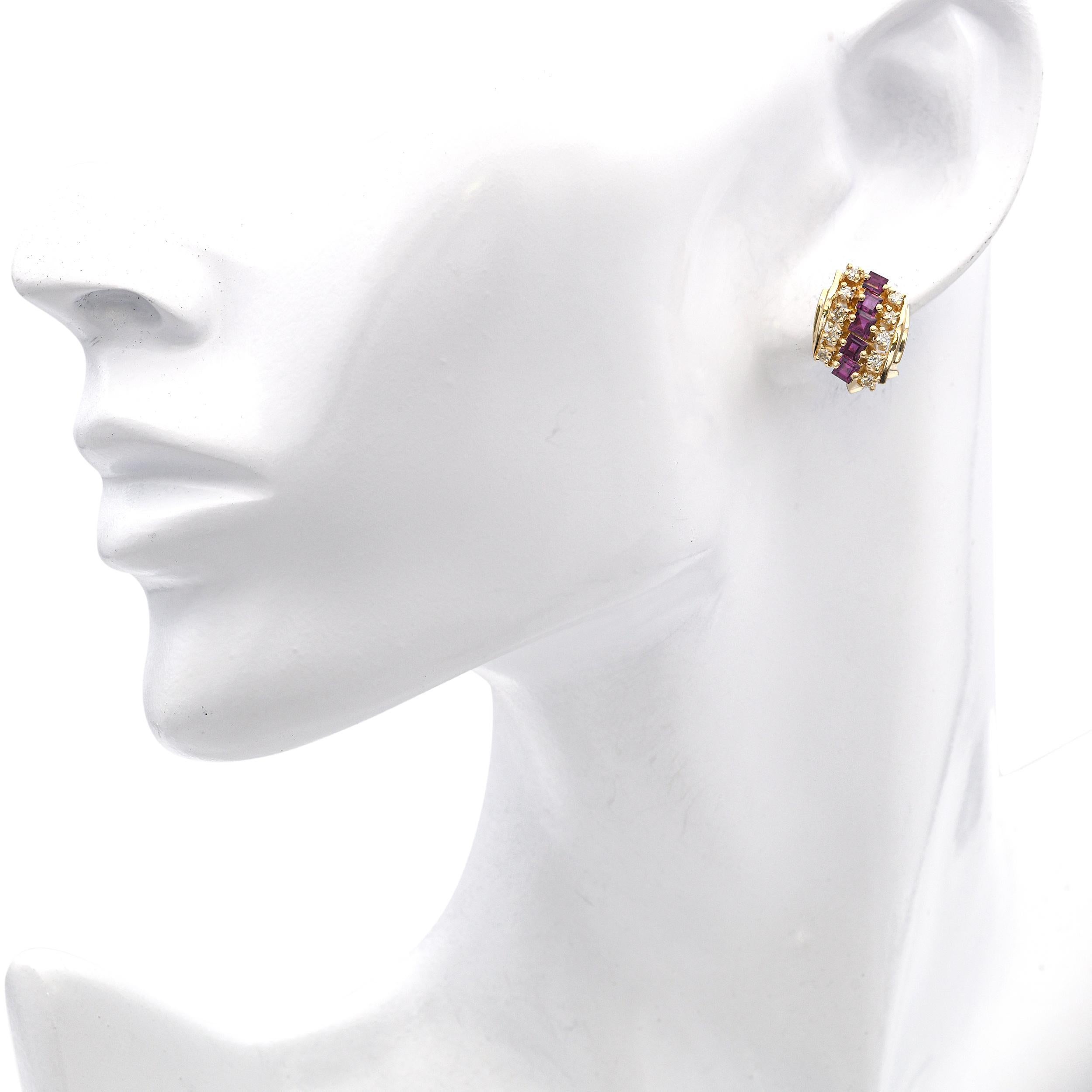 Pendientes vintage de oro amarillo de 14k con rubíes y diamantes Corte mixto en venta