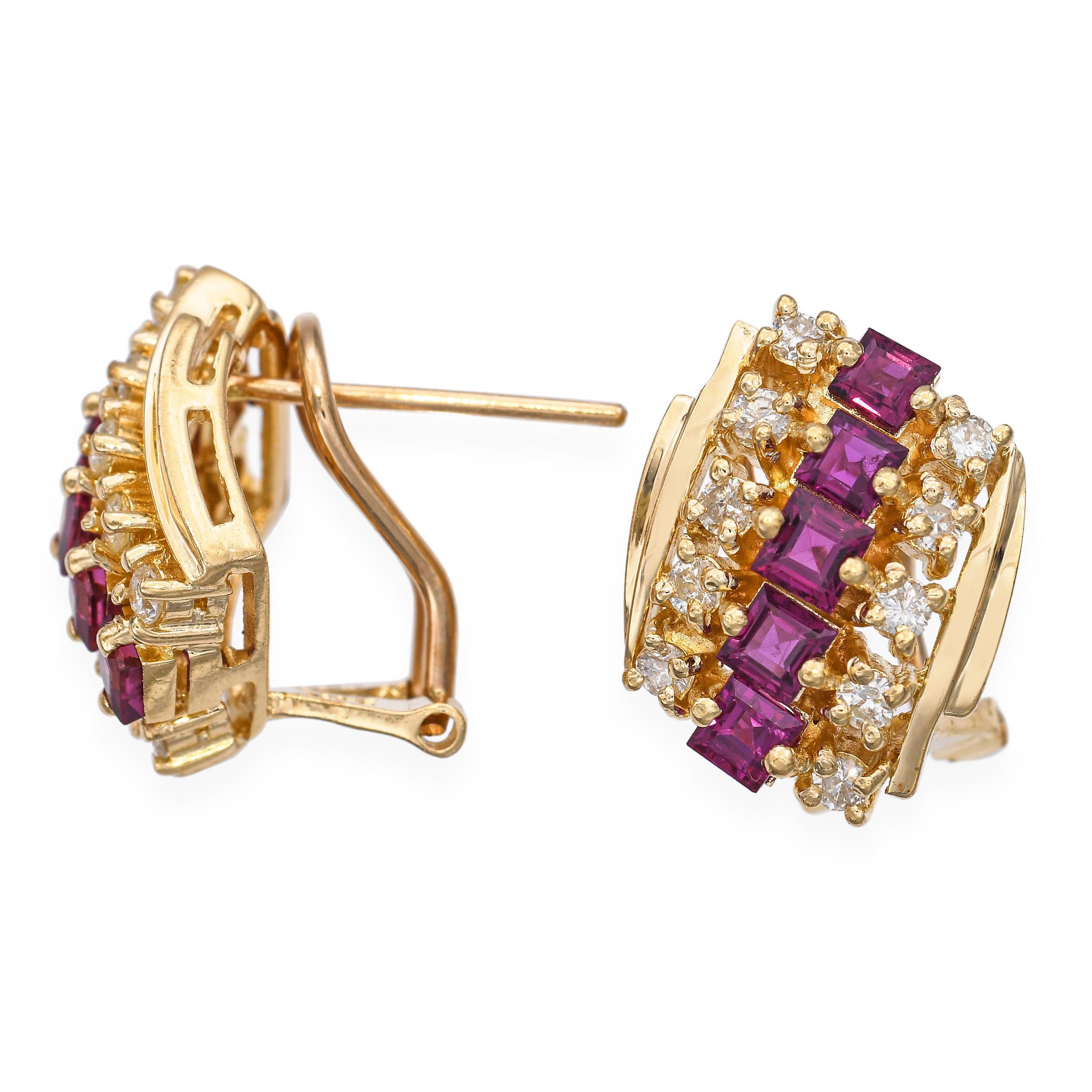 Pendientes vintage de oro amarillo de 14k con rubíes y diamantes en Bueno estado para la venta en New York, NY