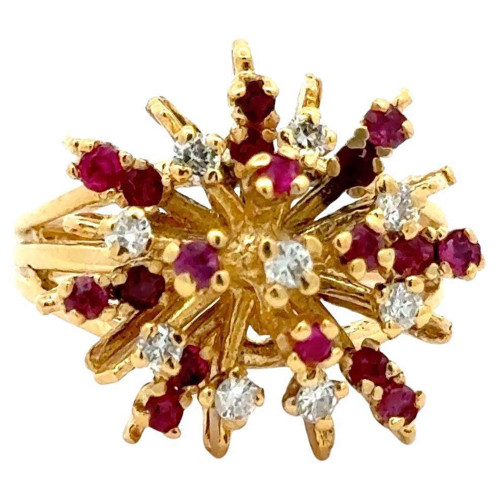 Vintage 14K Yellow Gold Ruby and Diamond Starburst Cocktail Ring