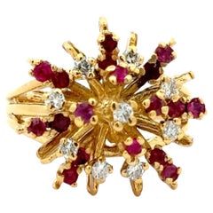 Vintage 14K Yellow Gold Ruby and Diamond Starburst Cocktail Ring