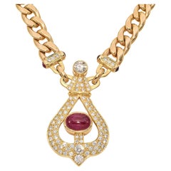 Vintage 14k Yellow Gold Ruby and Diamond Statement Chain Necklace