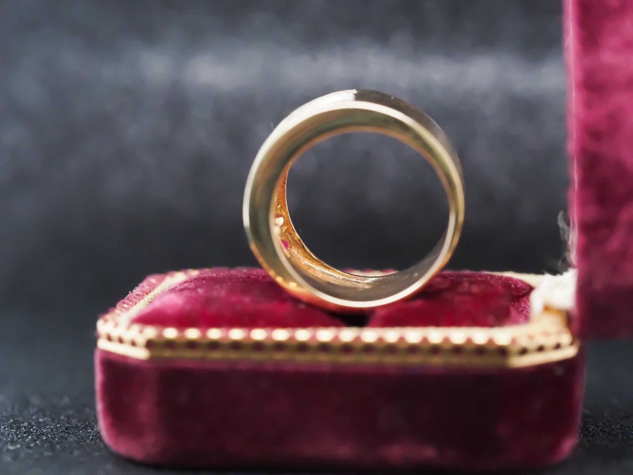Vintage 14K Yellow Gold Ruby and Diamond Wide Band Ring For Sale 5