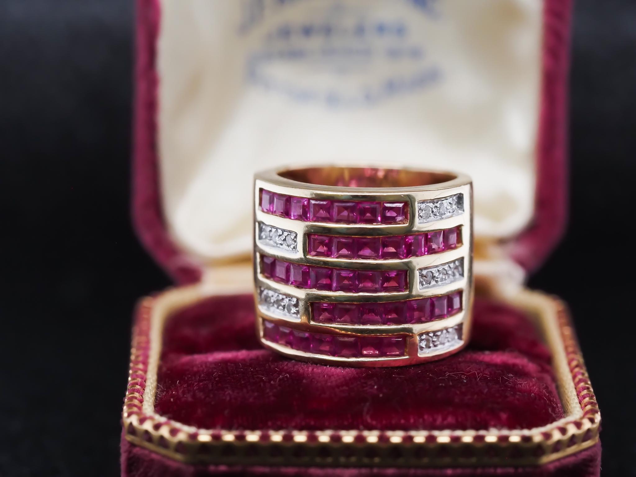 Year: 1980s
Item Details:
Ring Size: 6.5 (Sizable)
Metal Type: 14K Yellow Gold [Hallmarked, and Tested]
Weight: 15.8 grams
Diamond Details: Natural Diamonds, Round Brilliant, H Color, SI Clarity
Side Stone Details: Rubies, Natural, Pinkish Red