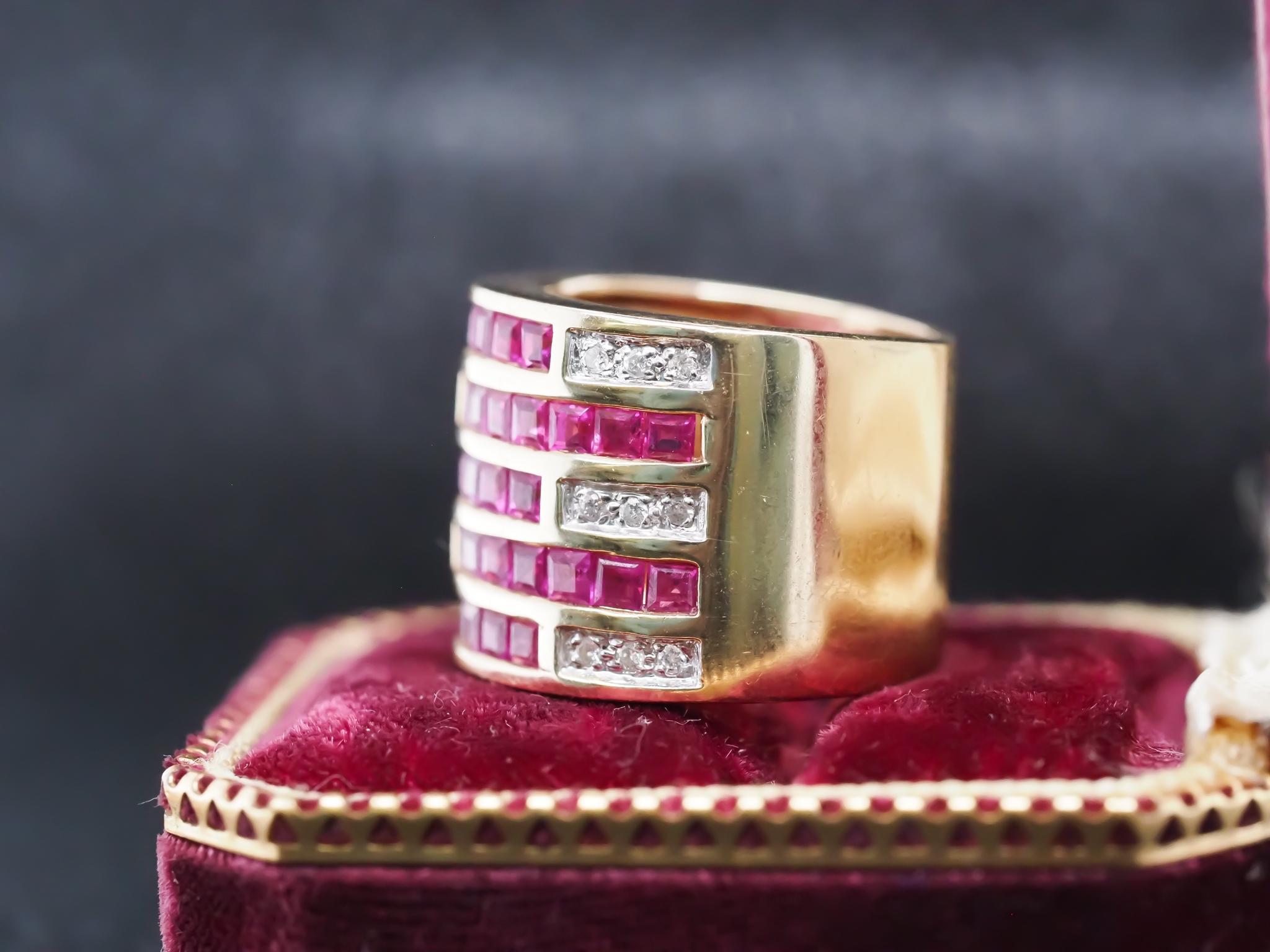 Vintage 14K Yellow Gold Ruby and Diamond Wide Band Ring In Good Condition For Sale In Hicksville, NY