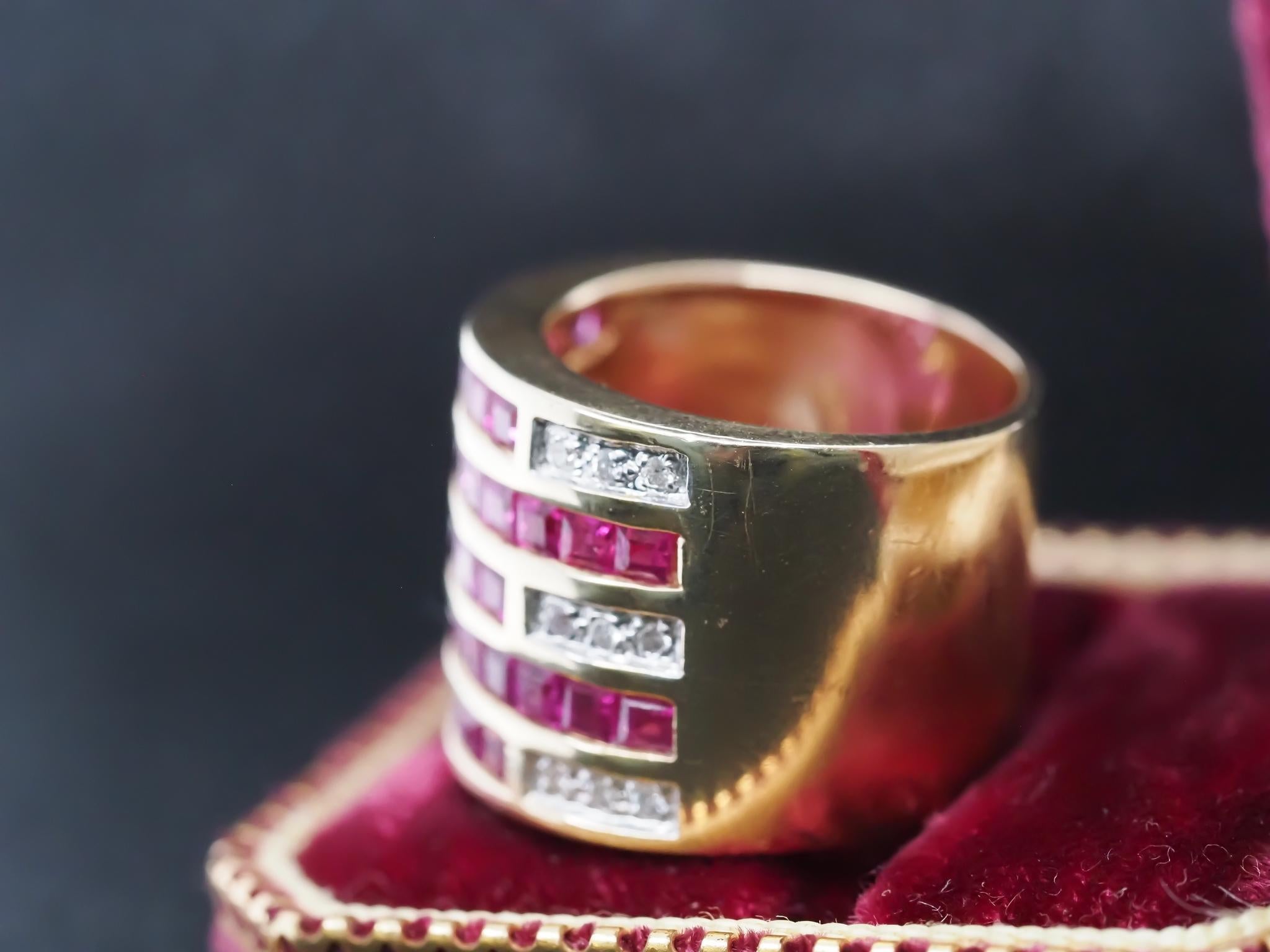 Women's Vintage 14K Yellow Gold Ruby and Diamond Wide Band Ring For Sale