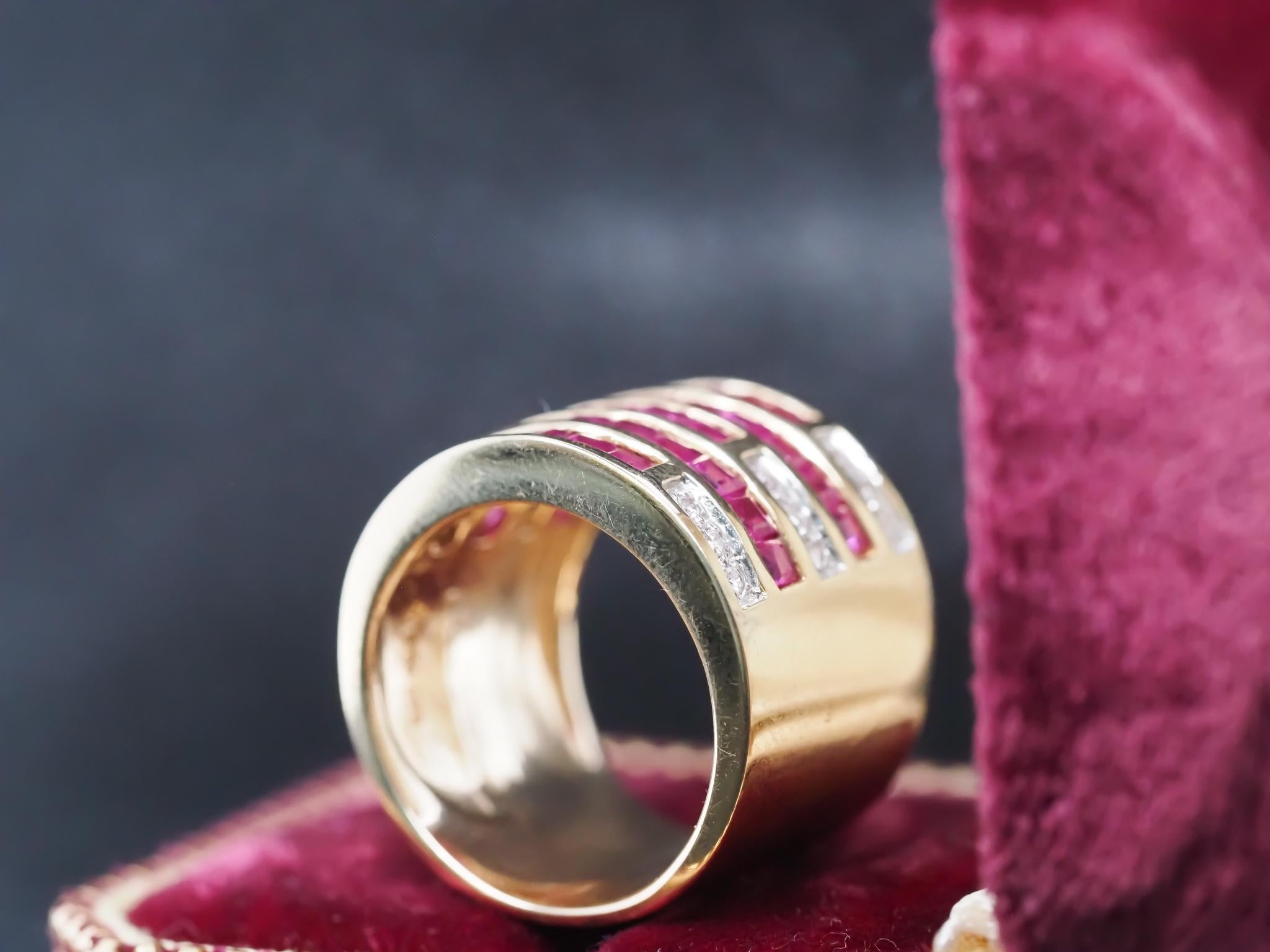 Vintage 14K Yellow Gold Ruby and Diamond Wide Band Ring For Sale 1