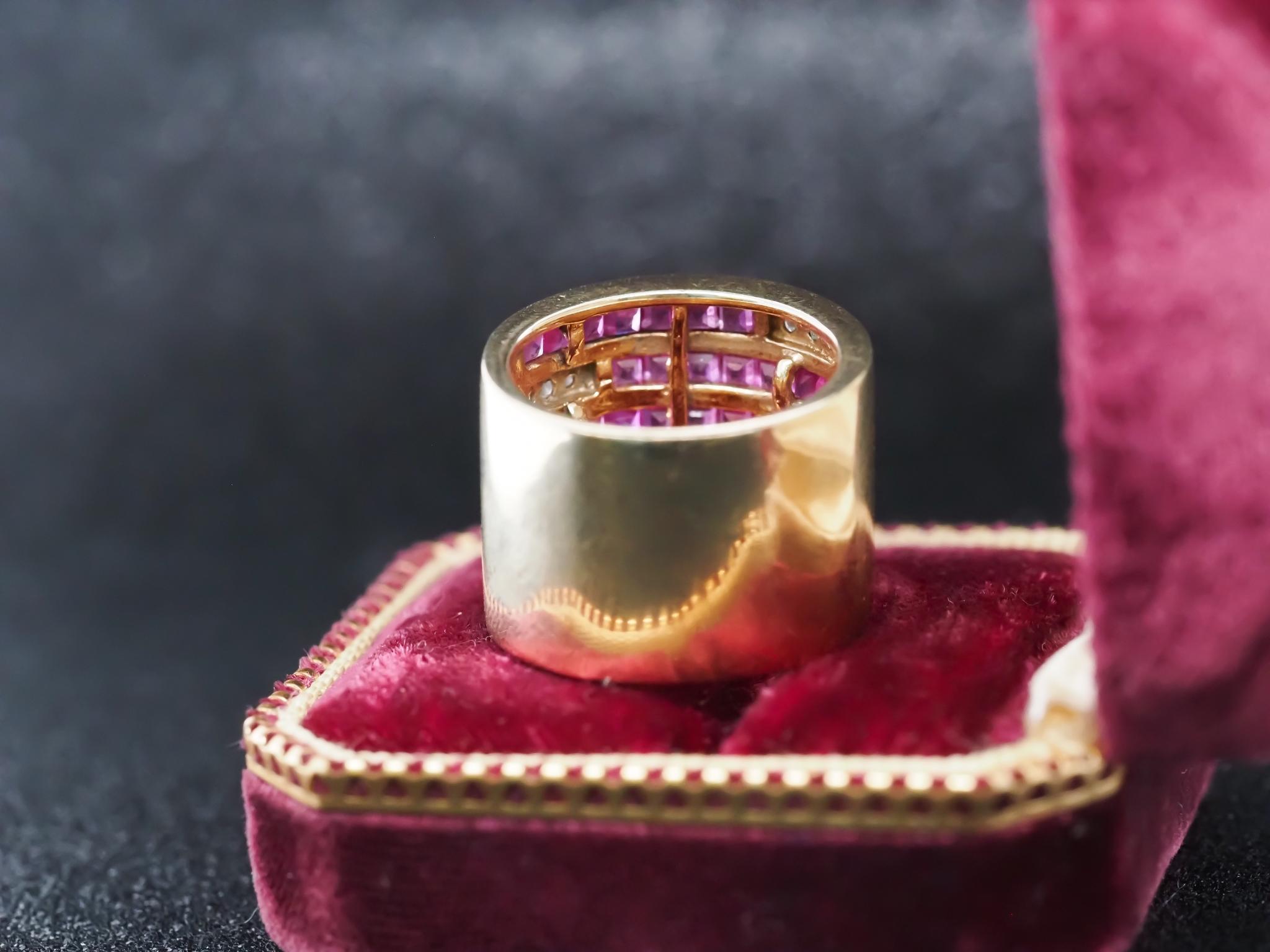 Vintage 14K Yellow Gold Ruby and Diamond Wide Band Ring For Sale 2