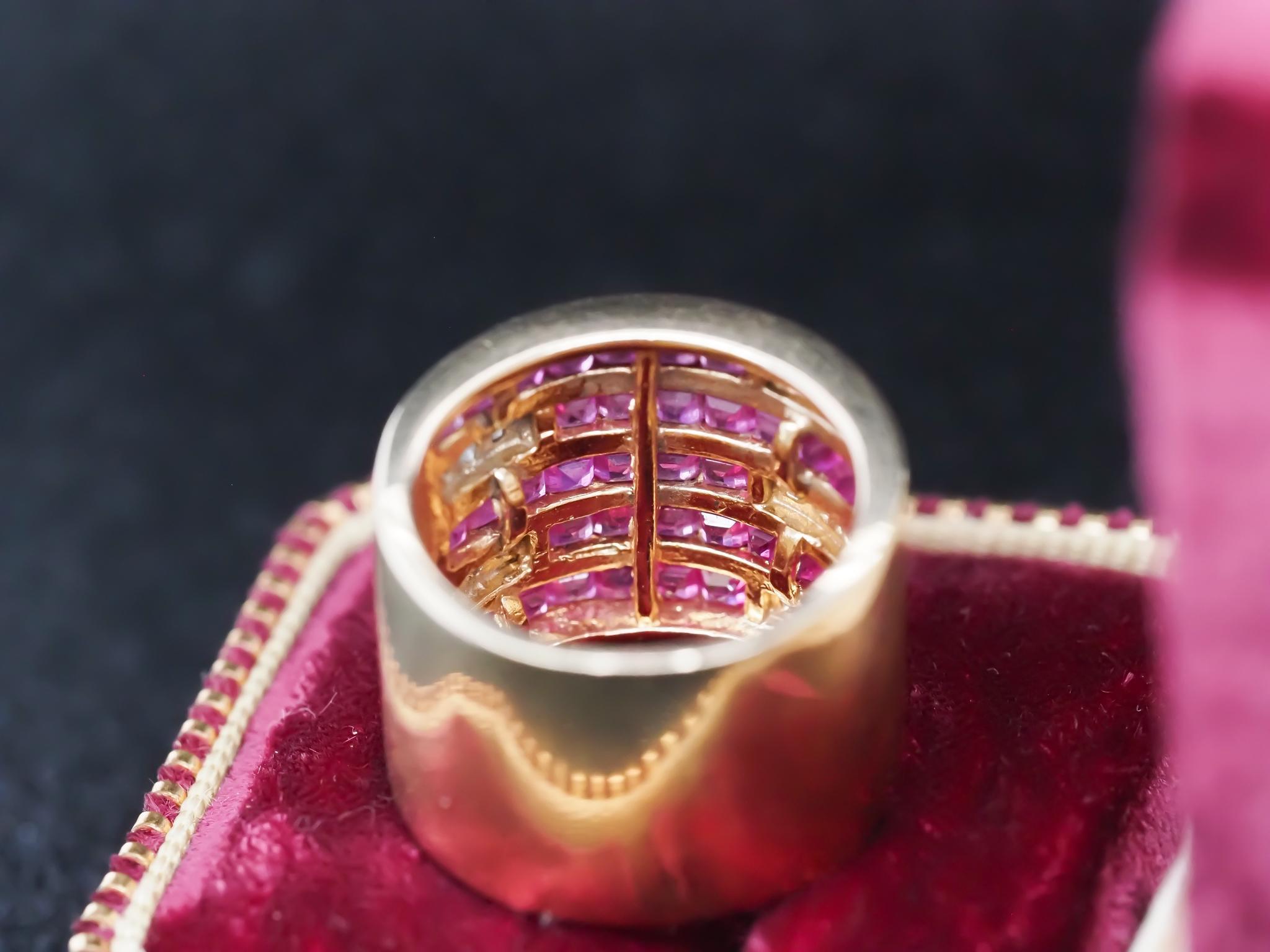 Vintage 14K Yellow Gold Ruby and Diamond Wide Band Ring For Sale 3