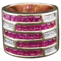 Bague jonc large vintage en or jaune 14 carats avec rubis et diamants