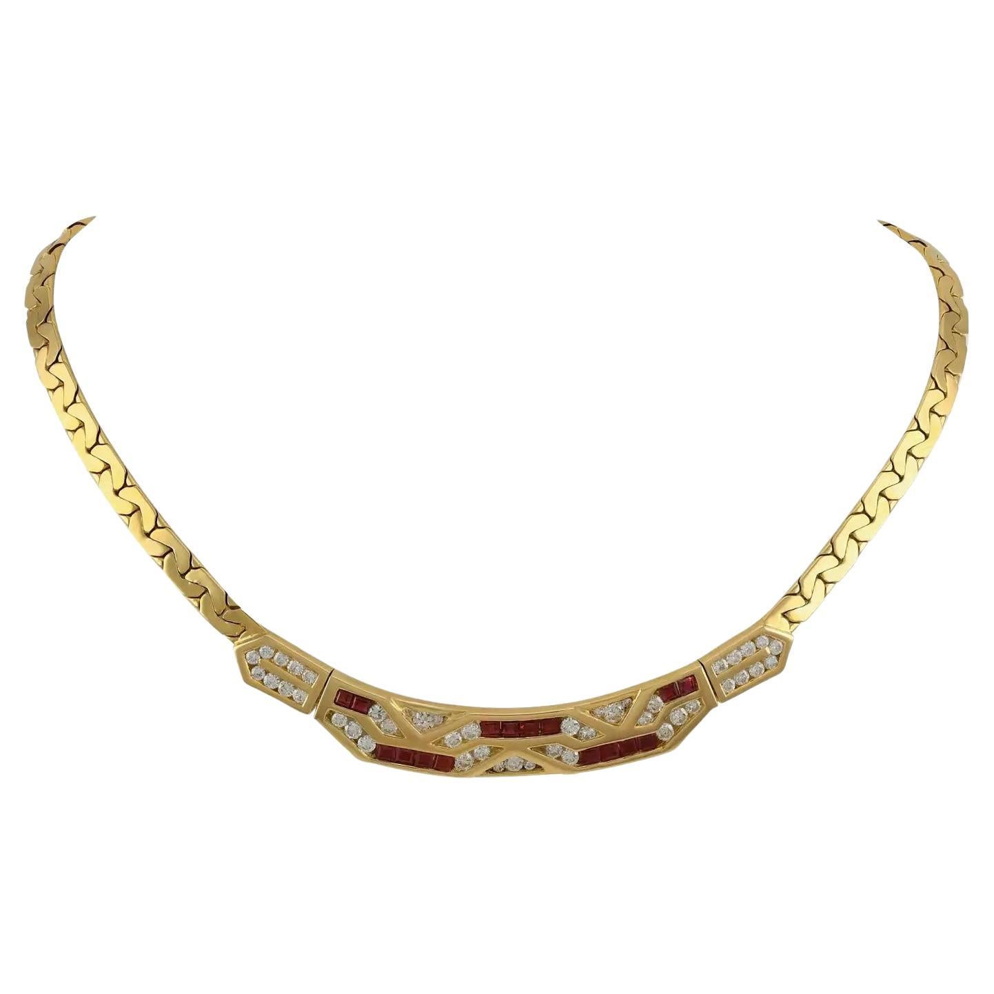 Vintage 14k Yellow Gold Ruby Diamond Geometric Collar Necklace, Estate Jewelry