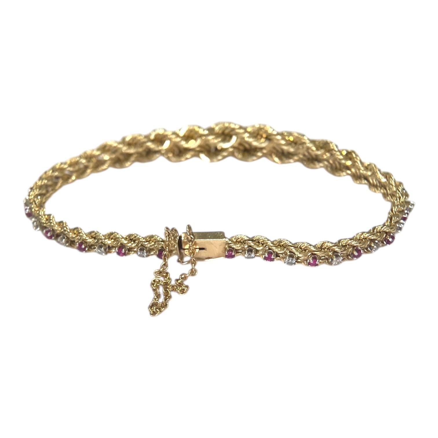 Contemporain Vintage 14K Yellow Gold Ruby & Diamond Graduating Rope Bracelet en vente