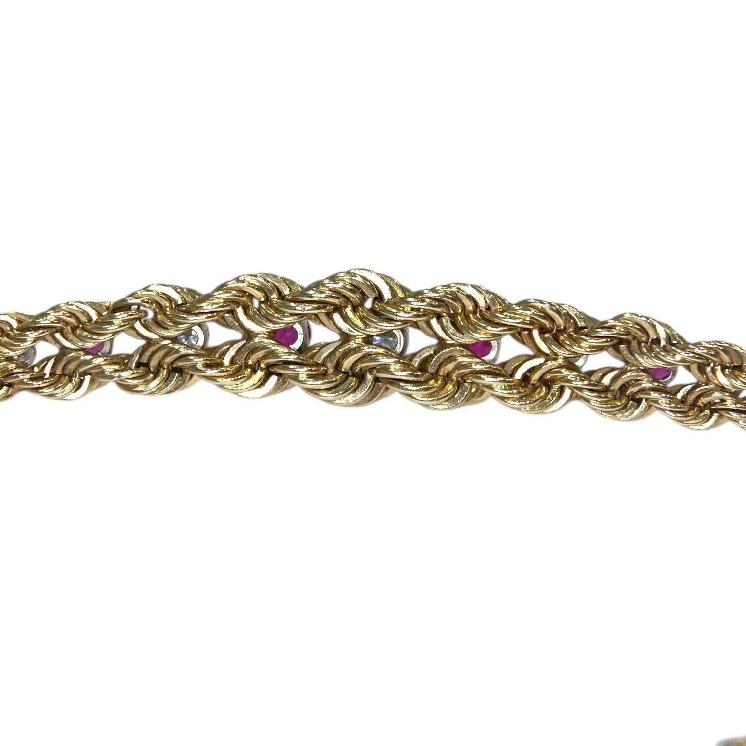 Vintage 14K Yellow Gold Ruby & Diamond Graduating Rope Bracelet Pour femmes en vente