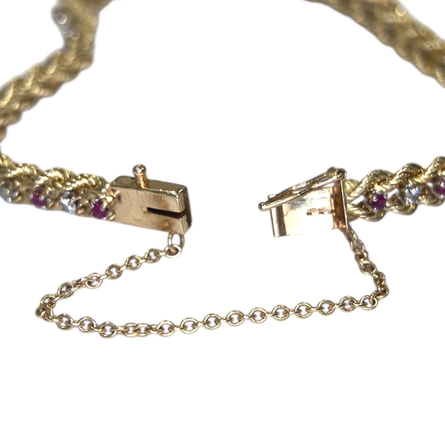 Vintage 14K Yellow Gold Ruby & Diamond Graduating Rope Bracelet en vente 2