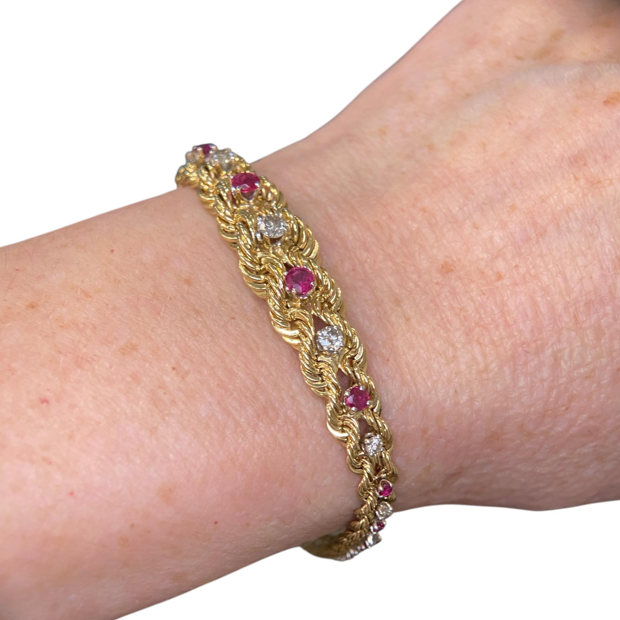 Vintage 14K Yellow Gold Ruby & Diamond Graduating Rope Bracelet en vente 3