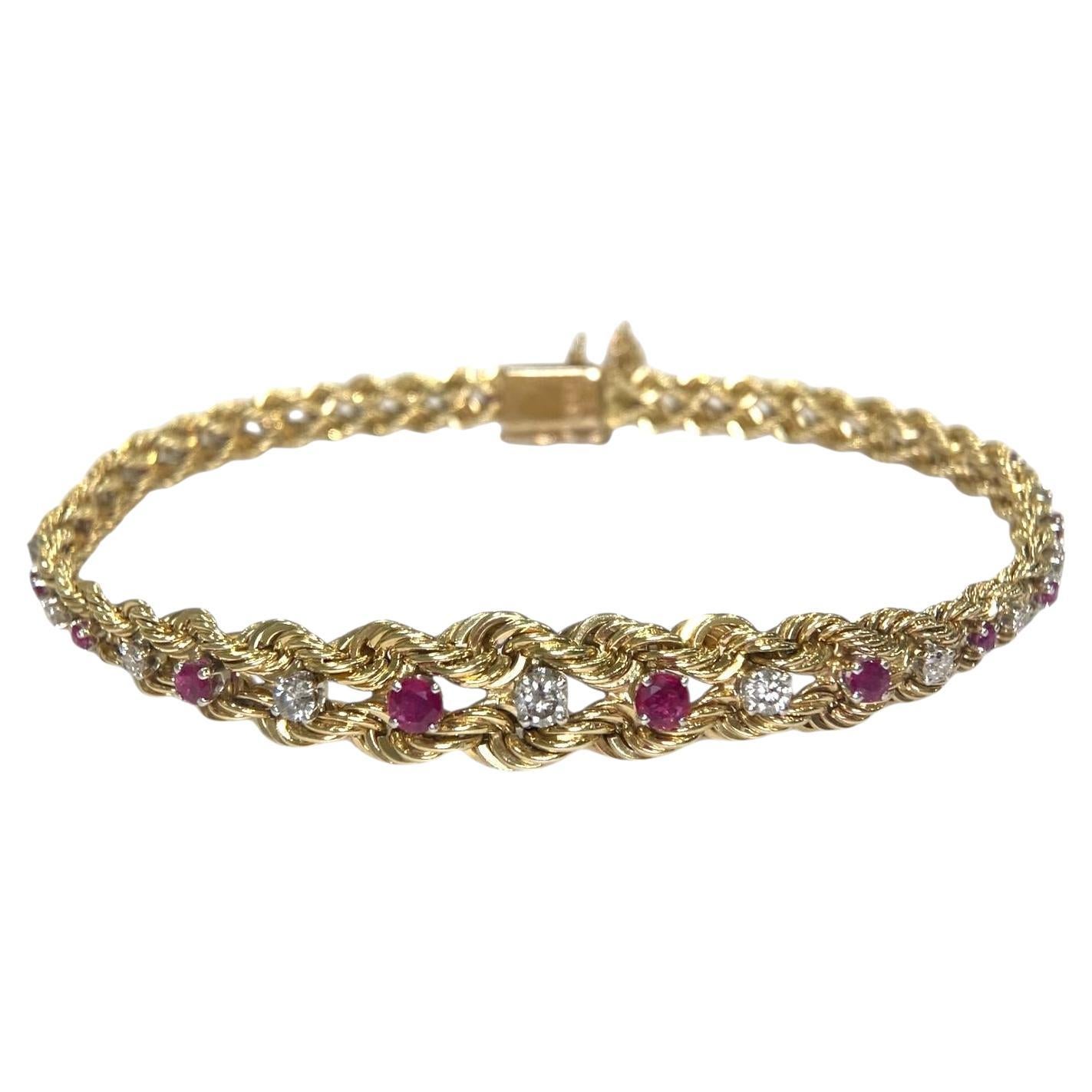 Vintage 14K Yellow Gold Ruby & Diamond Graduating Rope Bracelet