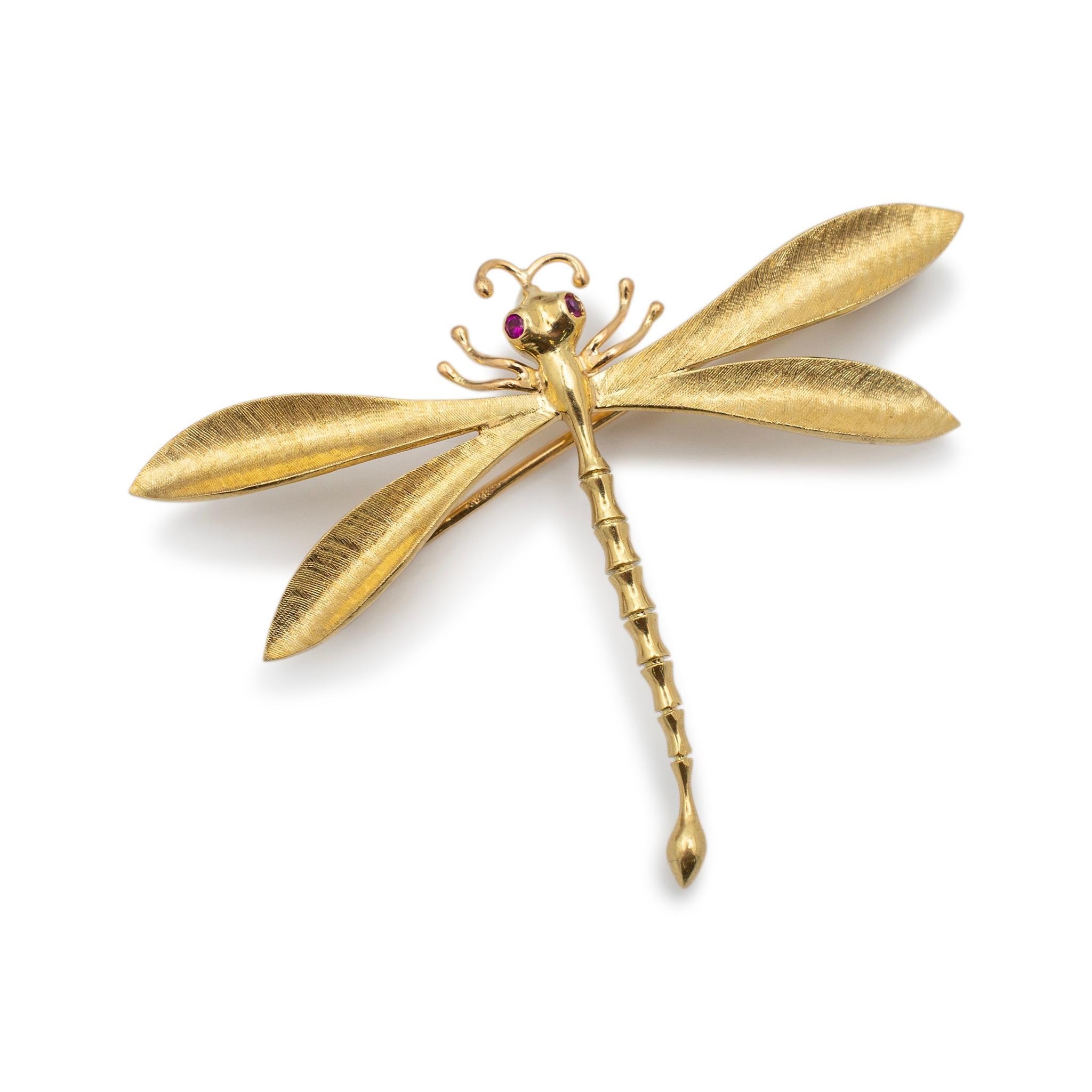 Metal Type: 14K Yellow Gold

Length: 1.50 inches

Width: 2.00 inches

Weight: 5.60 grams

14K yellow gold animal ruby vintage brooch. The metal was tested and determined to be 14K yellow gold. Engraved with 
