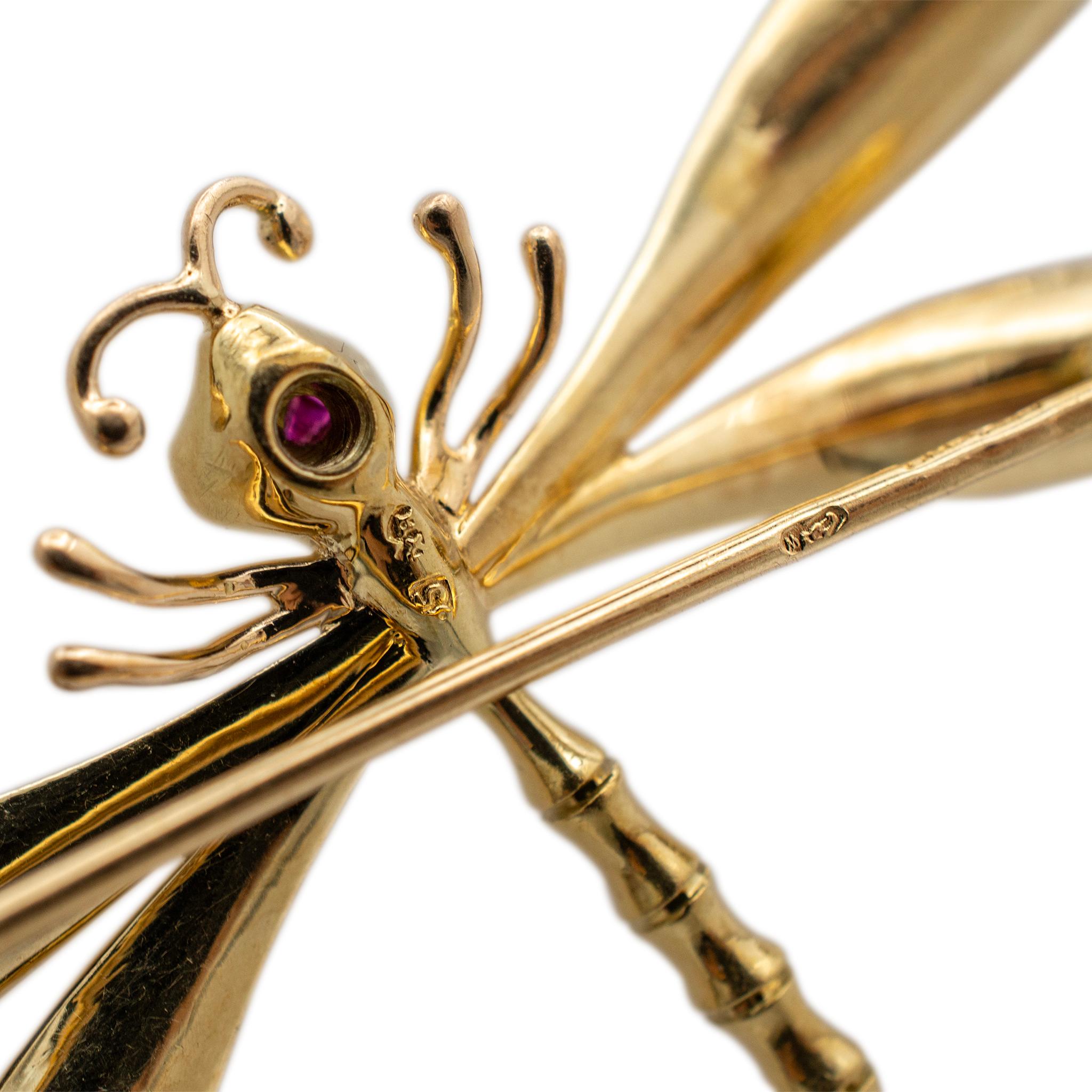 Vintage 14K Yellow Gold Ruby Eyed Dragonfly Pin Brooch For Sale 1