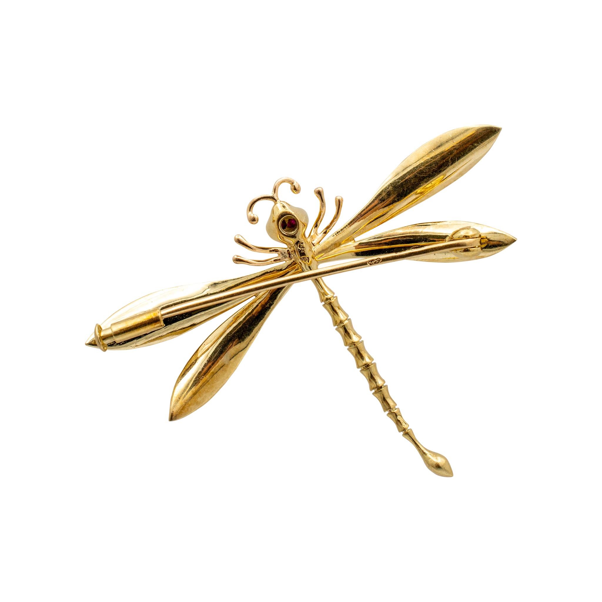 Vintage 14K Yellow Gold Ruby Eyed Dragonfly Pin Brooch For Sale 2