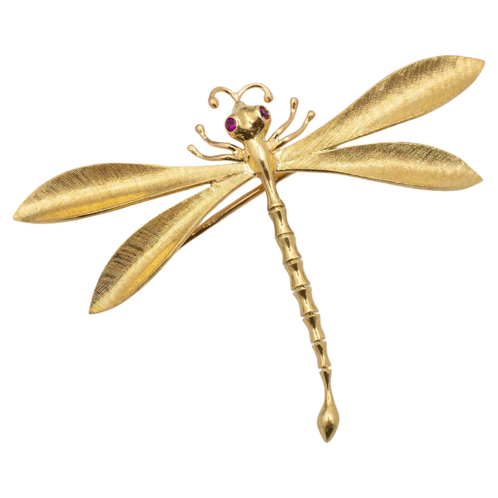 Vintage 14K Yellow Gold Ruby Eyed Dragonfly Pin Brooch For Sale