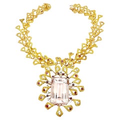 Vintage 14k Yellow Gold Ruby Kunzite Statement Necklace Barbara Anton ca 1970