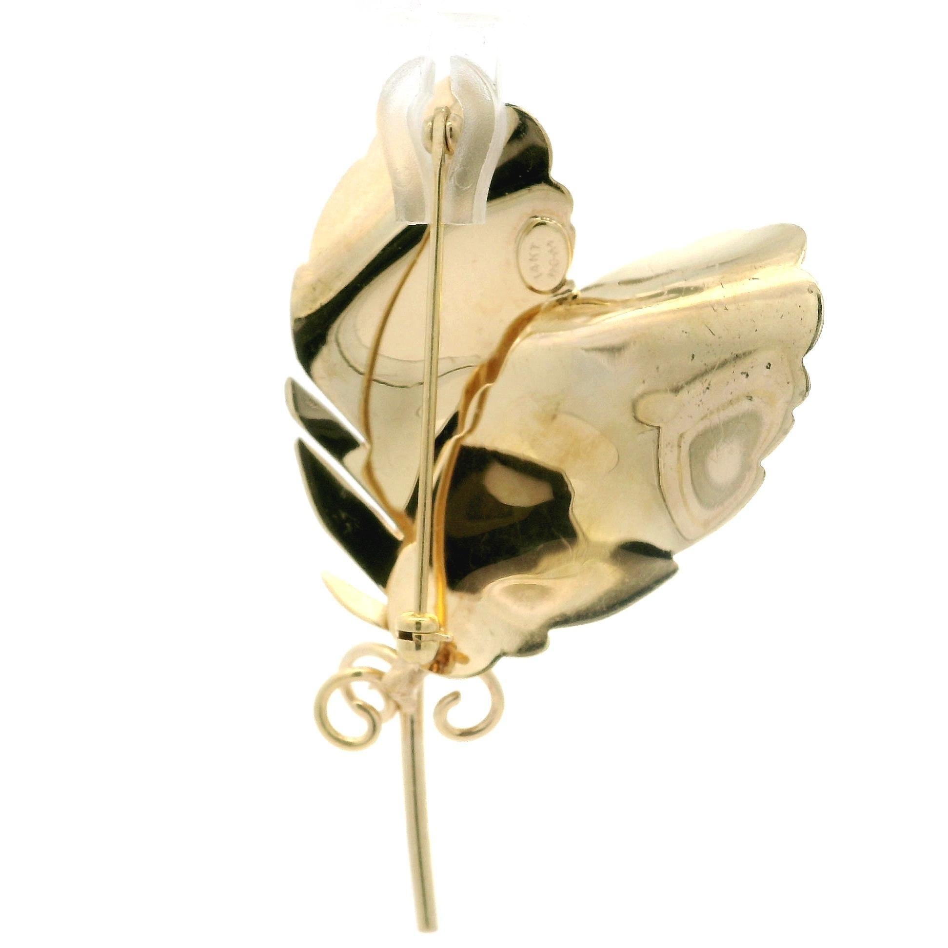 Vintage 14k Yellow Gold Ruby Matte & Polished Finish Dual Feather Pin Brooch Pour femmes en vente