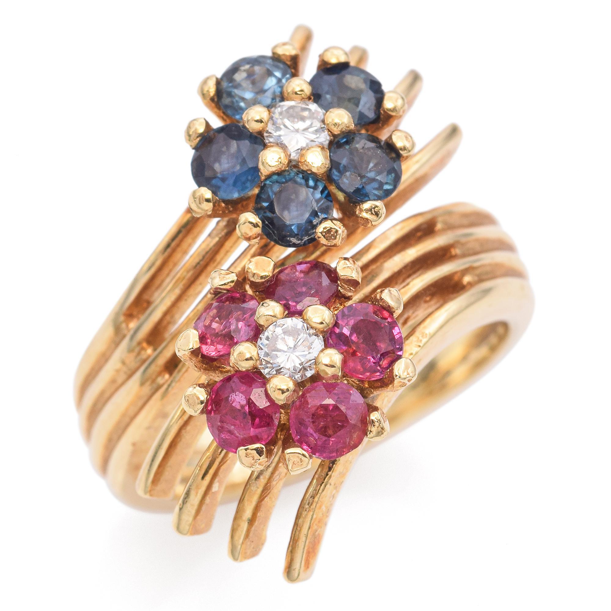 Round Cut Vintage 14K Yellow Gold Ruby, Sapphire and Diamond Halo Bypass Ring For Sale