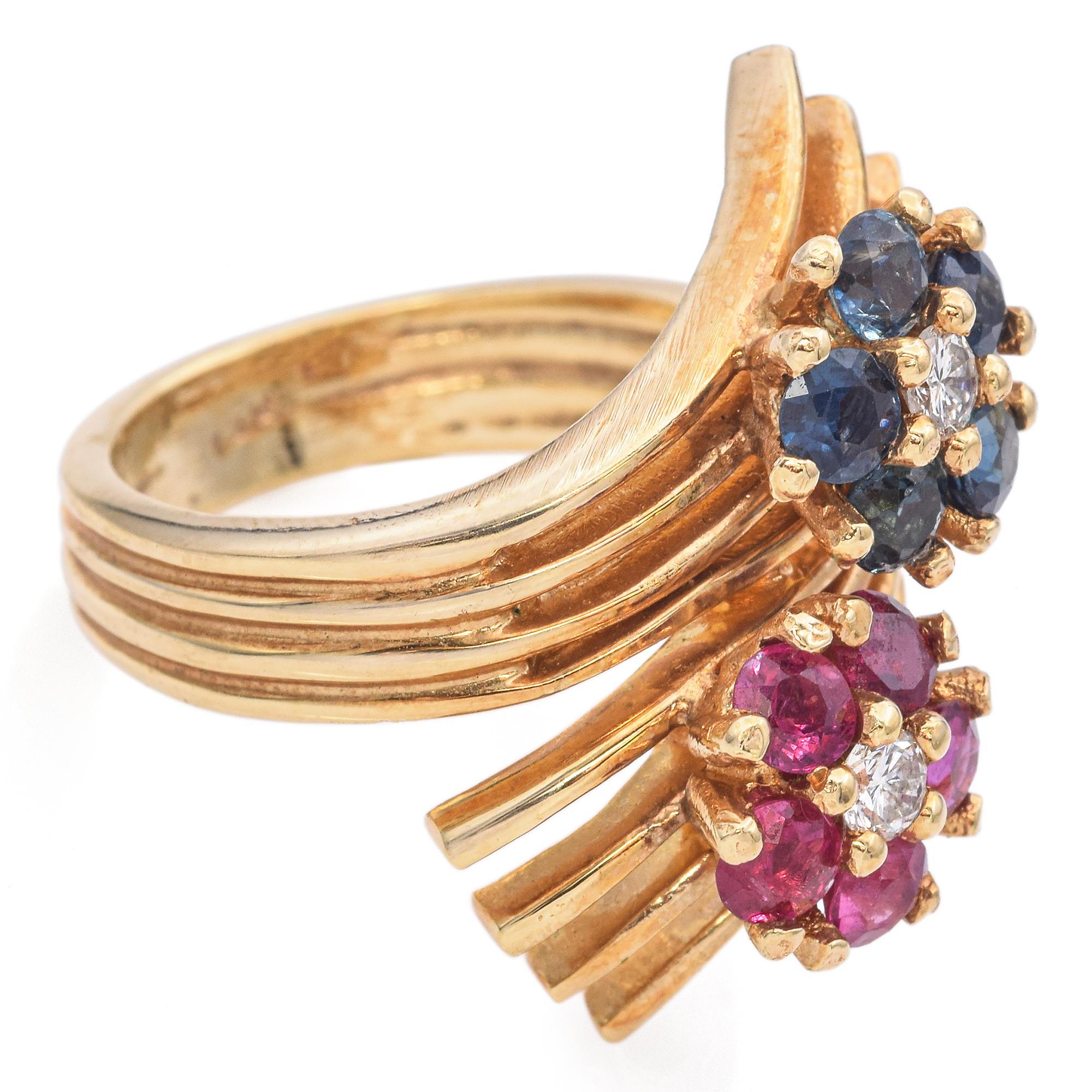 Vintage 14K Yellow Gold Ruby, Sapphire and Diamond Halo Bypass Ring In Good Condition For Sale In New York, NY