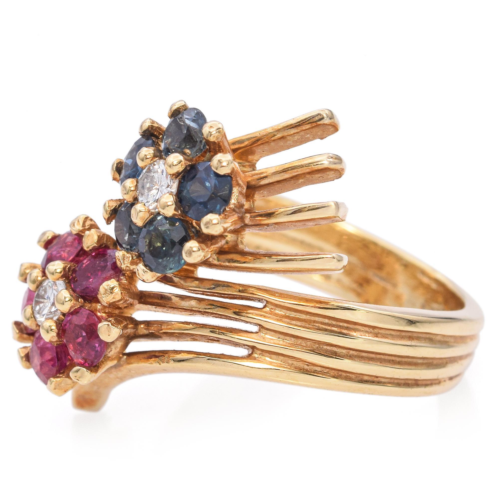 Women's Vintage 14K Yellow Gold Ruby, Sapphire and Diamond Halo Bypass Ring For Sale