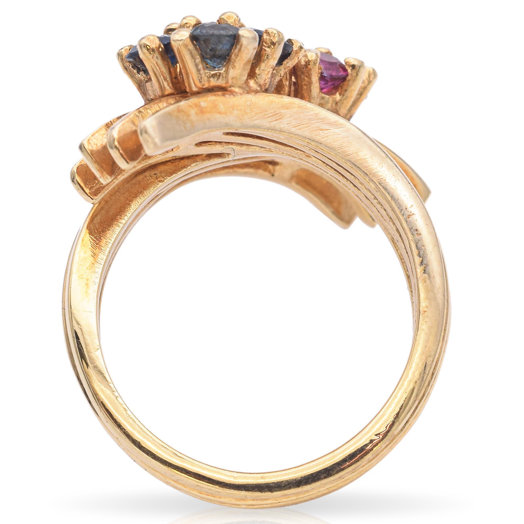 Vintage 14K Yellow Gold Ruby, Sapphire and Diamond Halo Bypass Ring For Sale 1