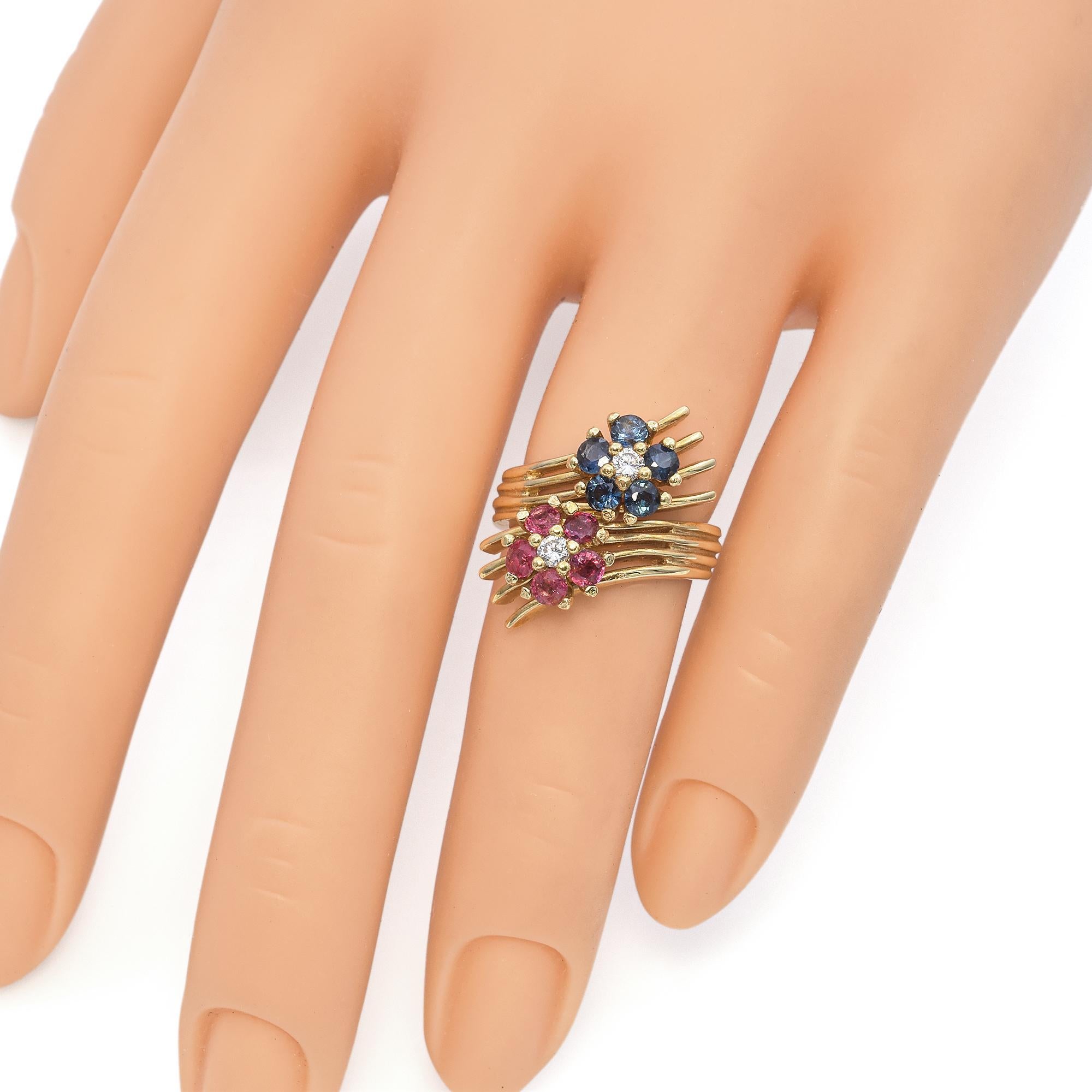 Vintage 14K Yellow Gold Ruby, Sapphire and Diamond Halo Bypass Ring For Sale 2