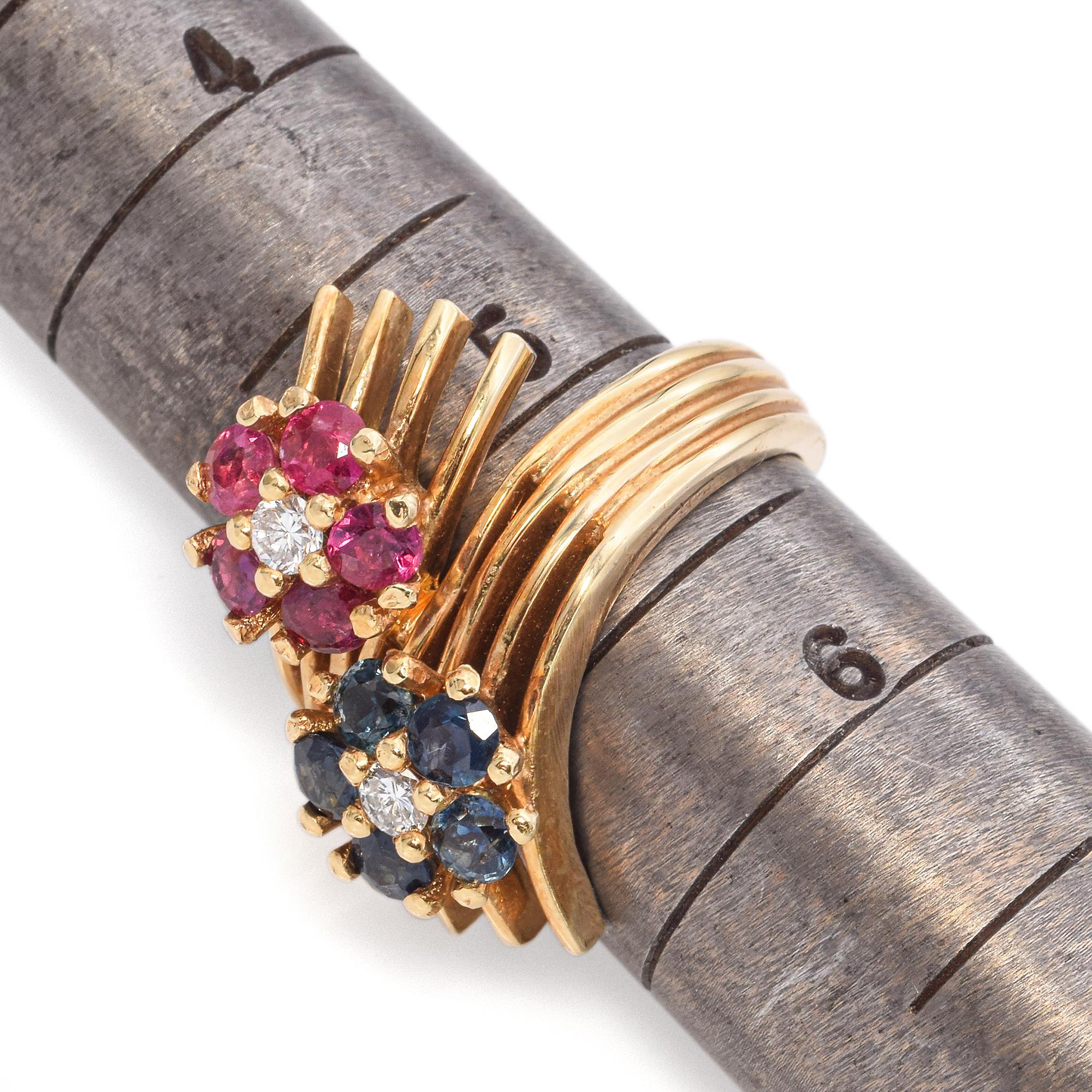 Vintage 14K Yellow Gold Ruby, Sapphire and Diamond Halo Bypass Ring For Sale 3
