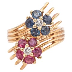 Vintage 14K Yellow Gold Ruby, Sapphire and Diamond Halo Bypass Ring