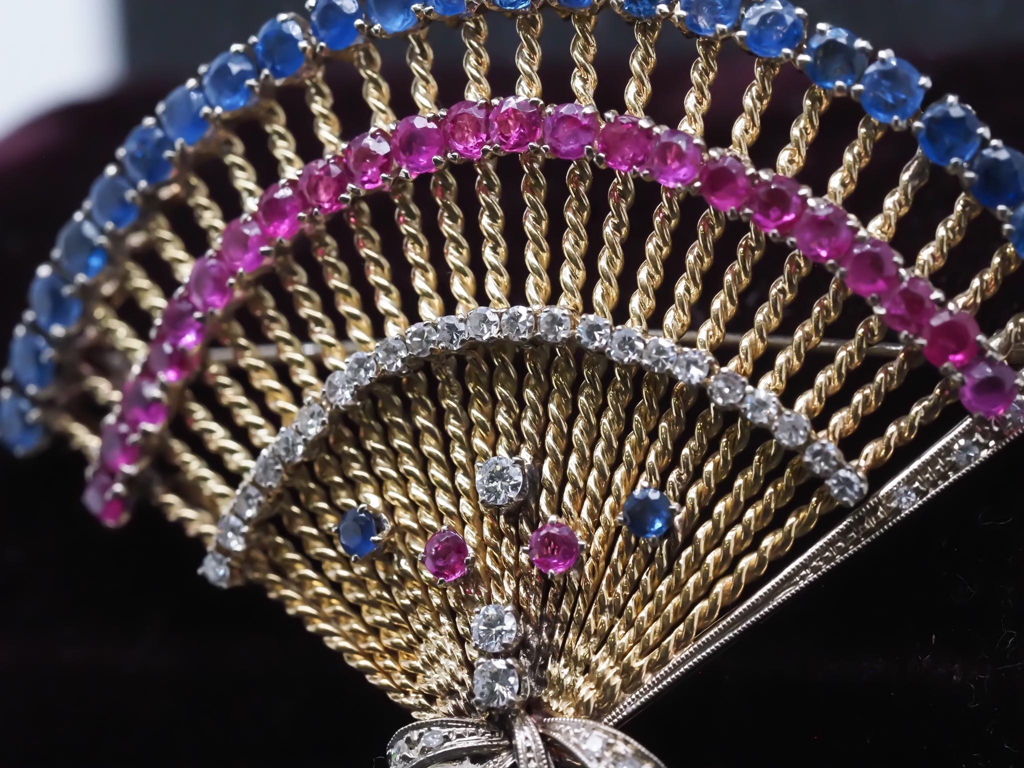 Women's Vintage 14K Yellow Gold Ruby, Sapphire and Diamond Large Brooch For Sale
