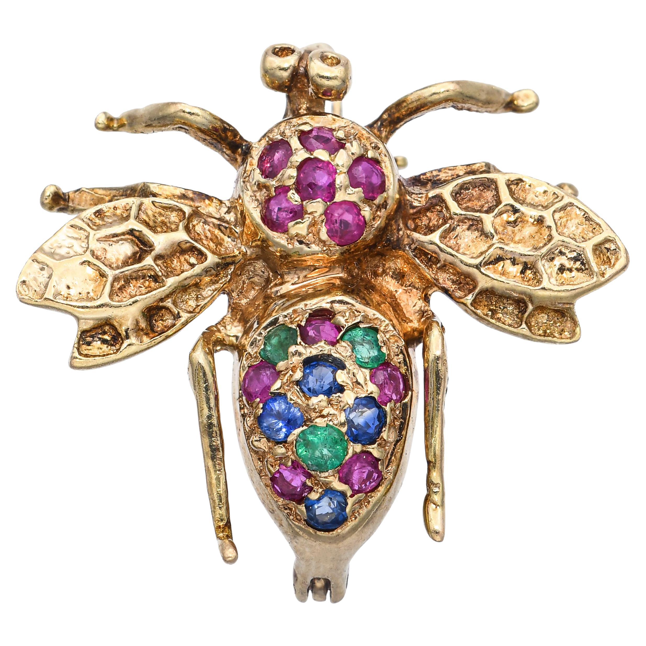 Vintage 14k Yellow Gold Ruby Sapphire and Emerald Bumblebee Brooch