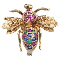 Vintage 14k Yellow Gold Ruby Sapphire and Emerald Bumblebee Brooch