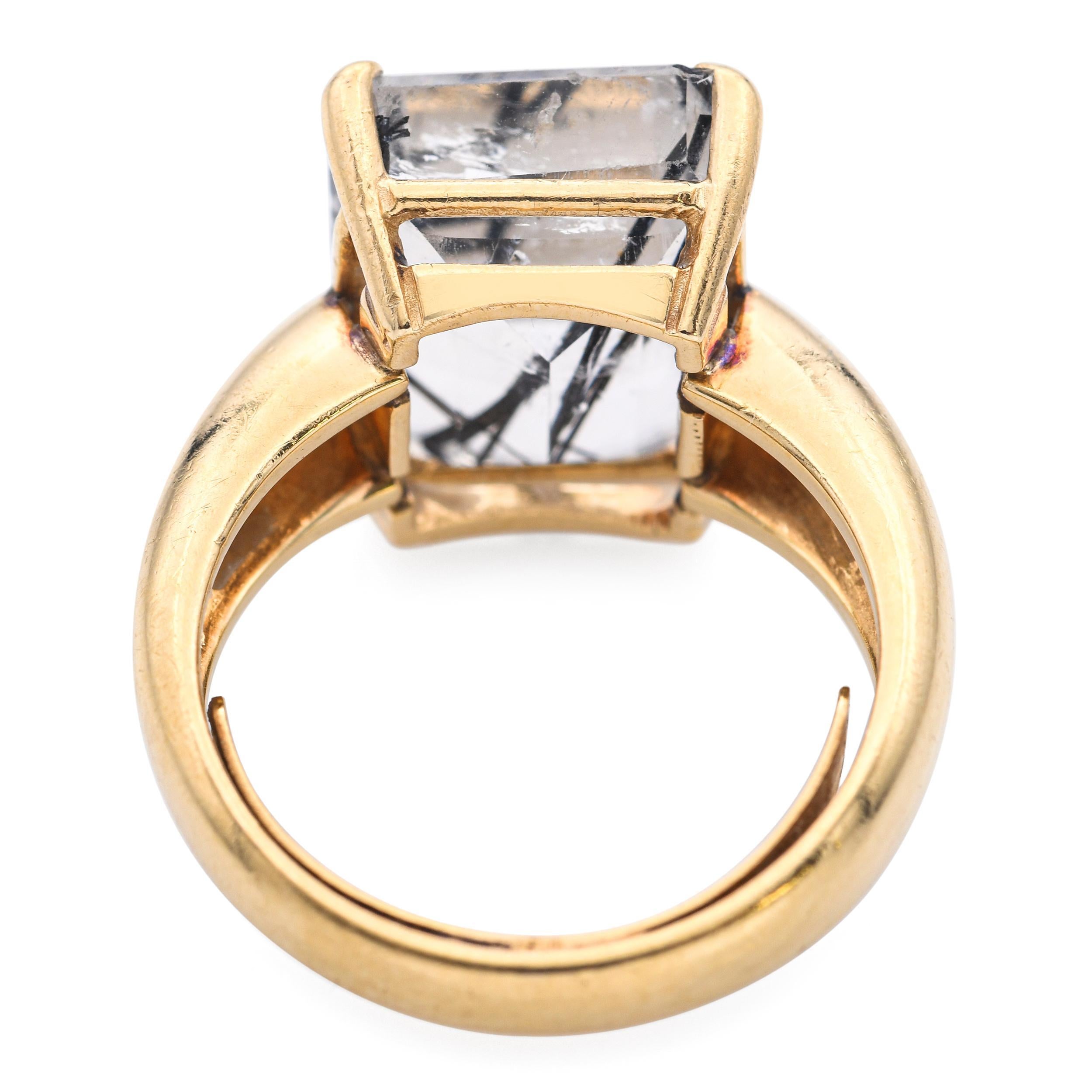Vintage 14k Yellow Gold Sagenite Schorl in Quartz Ring Unisexe en vente
