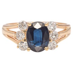 Anillo vintage de oro amarillo de 14k con zafiro y diamantes