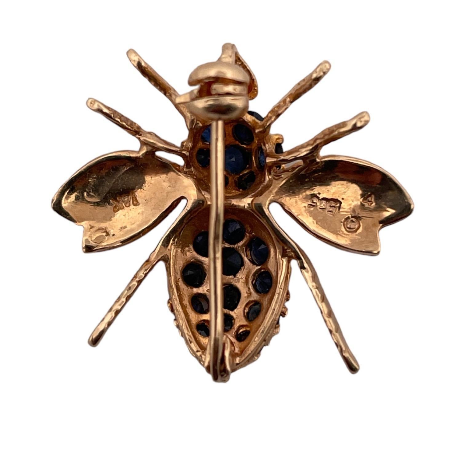 Round Cut Vintage 14K Yellow Gold Sapphire Bee Brooch