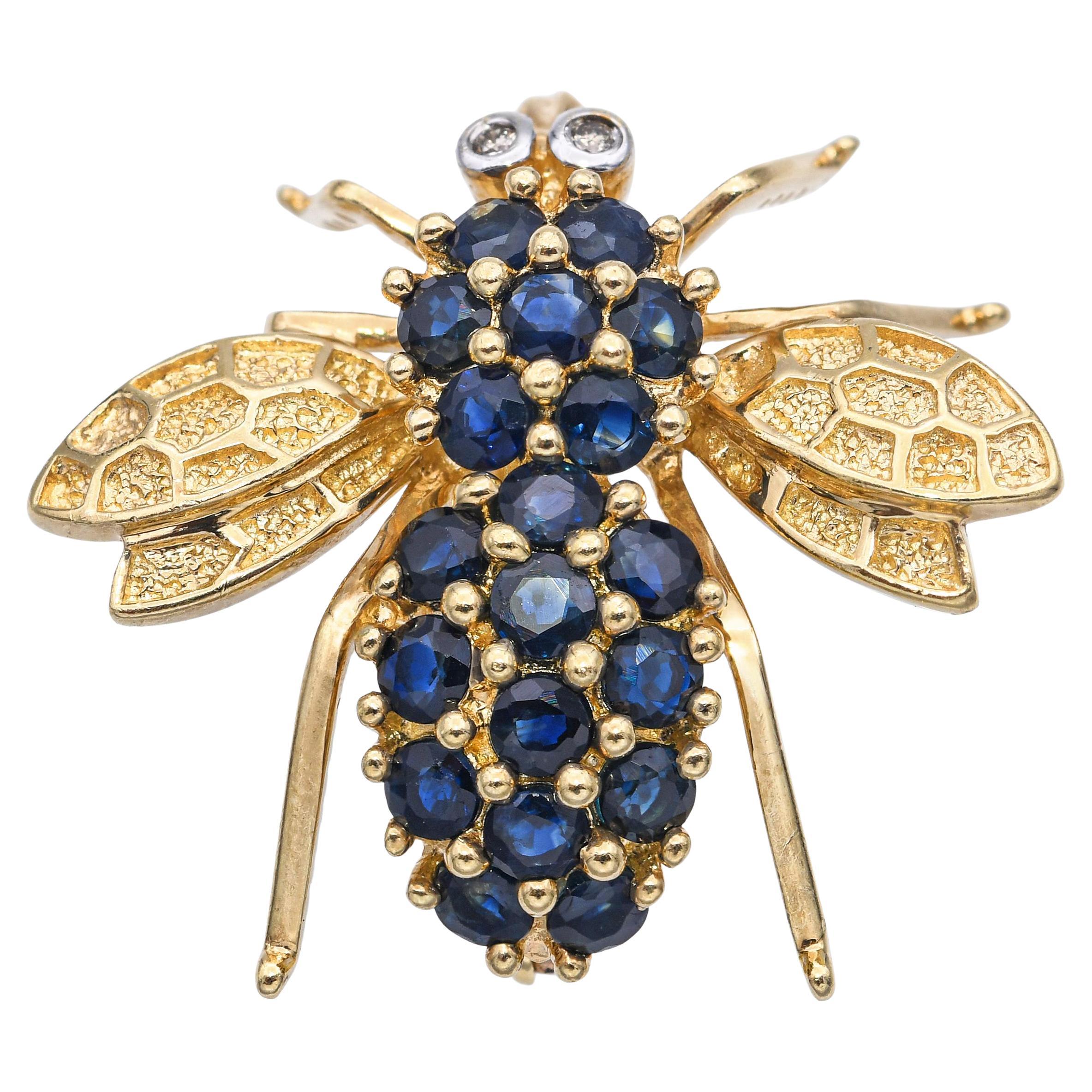 Vintage 14k Yellow Gold Sapphire Bumblebee Brooch