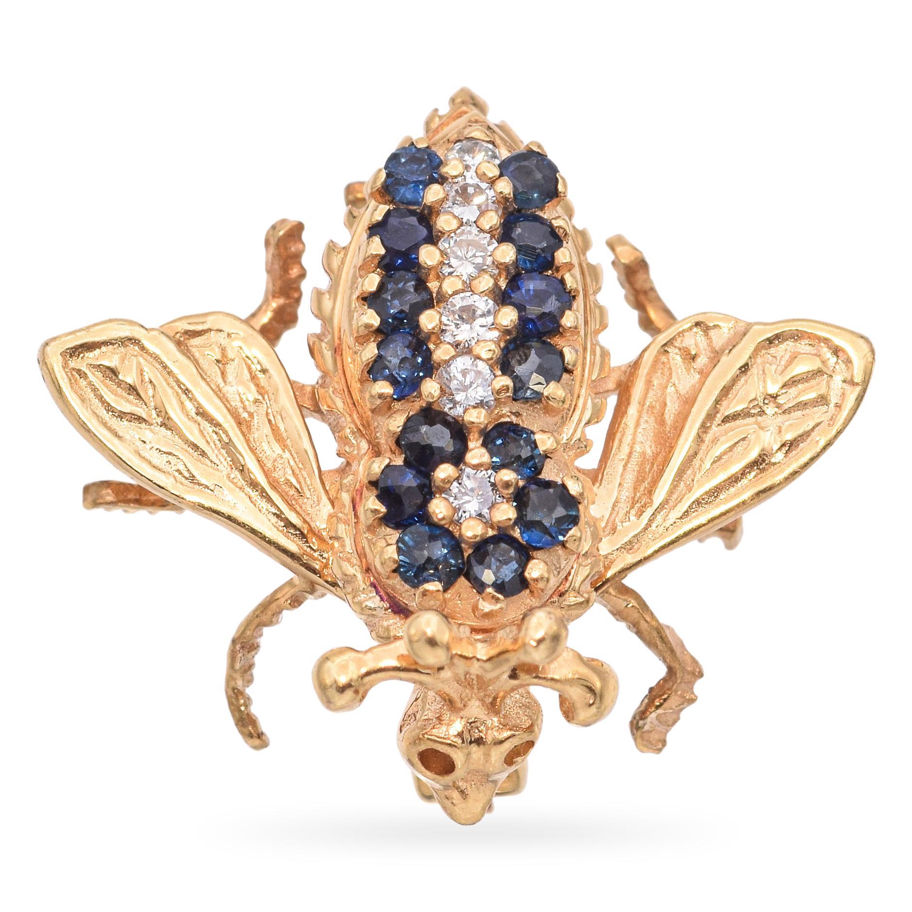 Vintage 14k Yellow Gold Sapphire Diamond Bumblebee Brooch In Good Condition For Sale In New York, NY