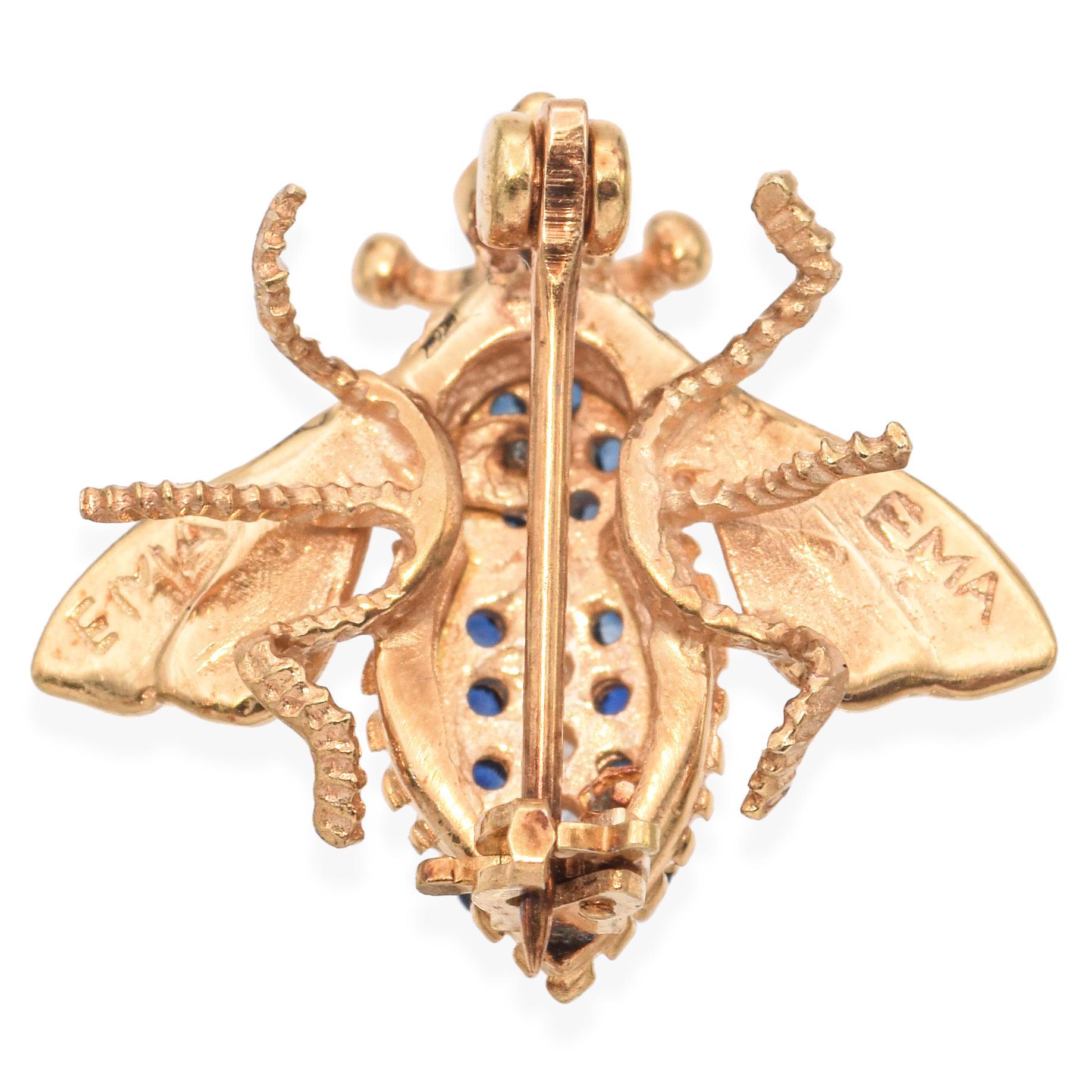 Women's or Men's Vintage 14k Yellow Gold Sapphire Diamond Bumblebee Brooch For Sale