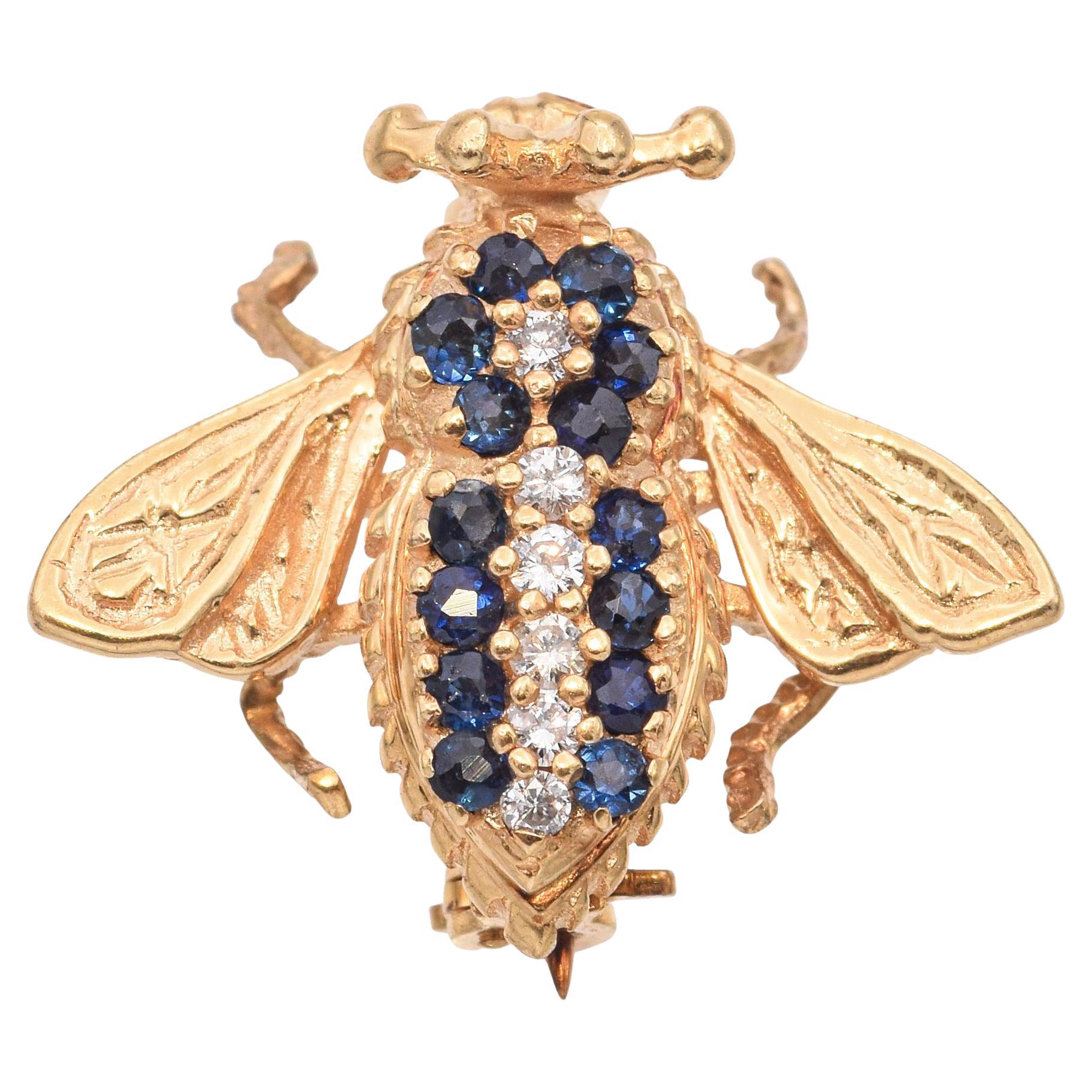 Vintage 14k Yellow Gold Sapphire Diamond Bumblebee Brooch