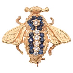 Vintage 14k Yellow Gold Sapphire Diamond Bumblebee Brooch