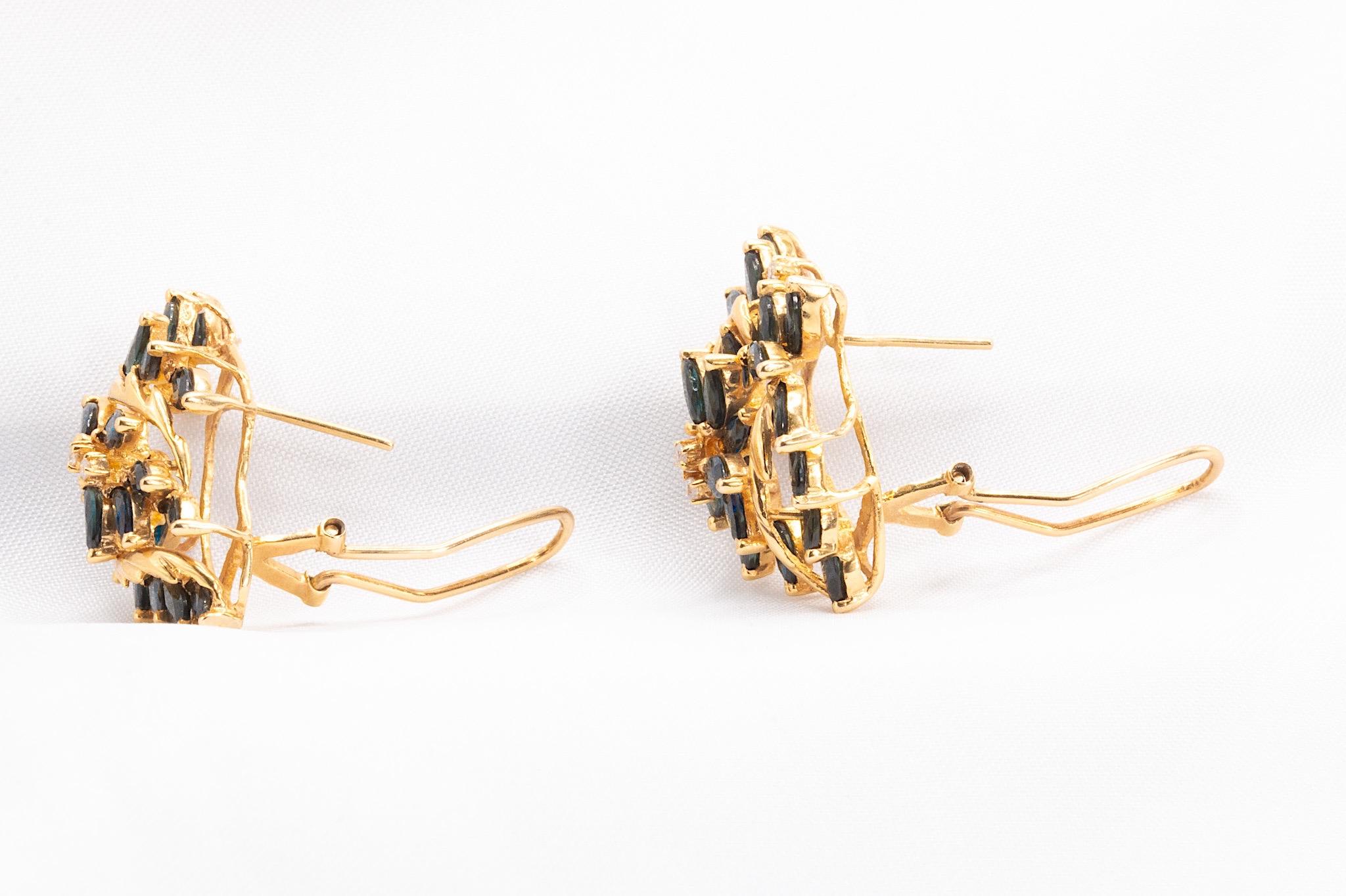 Marquise Cut Vintage 14k Yellow Gold Sapphire & Diamond Earrings For Sale